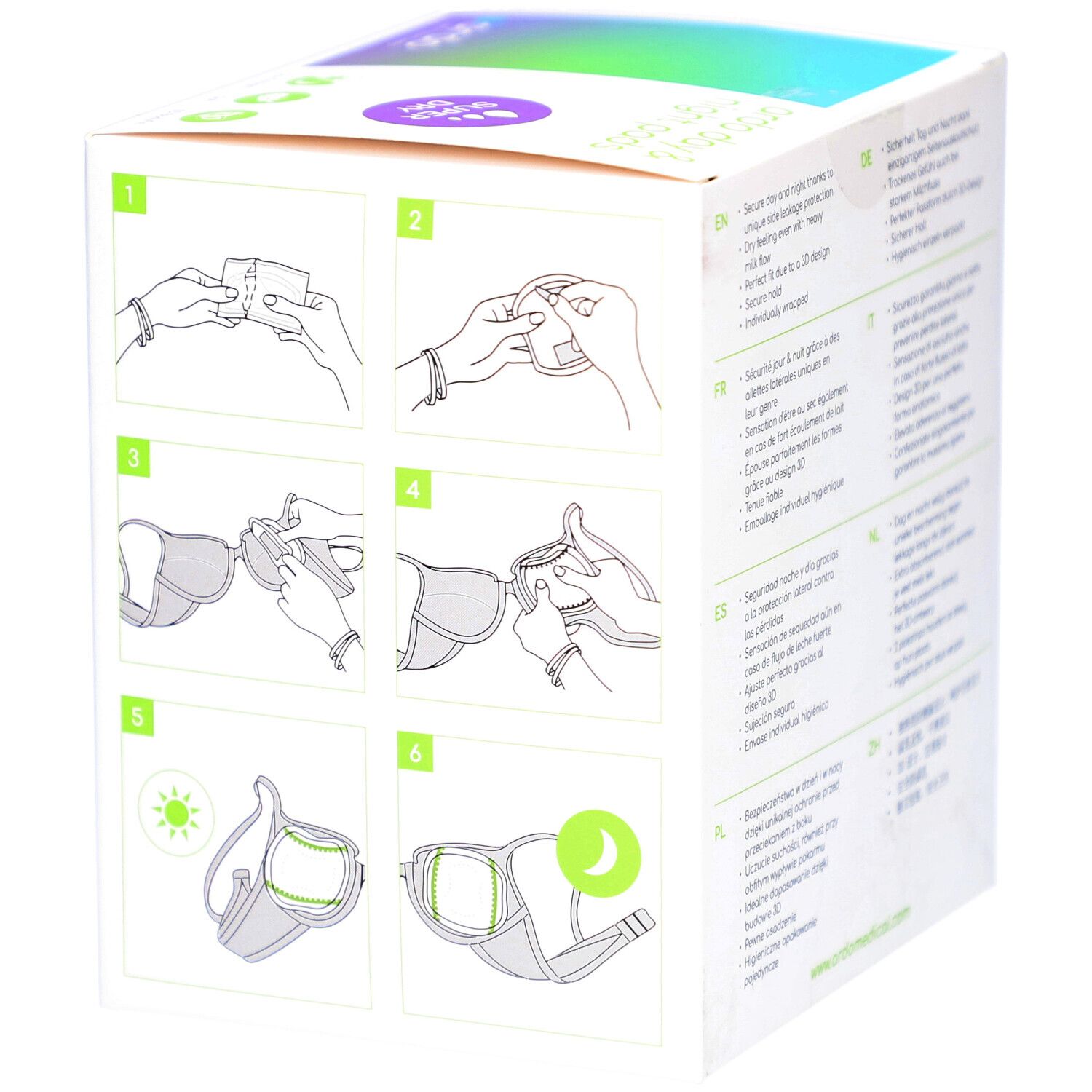 Instructions sur la boîte : Insertion de coussinets dans un soutien-gorge.