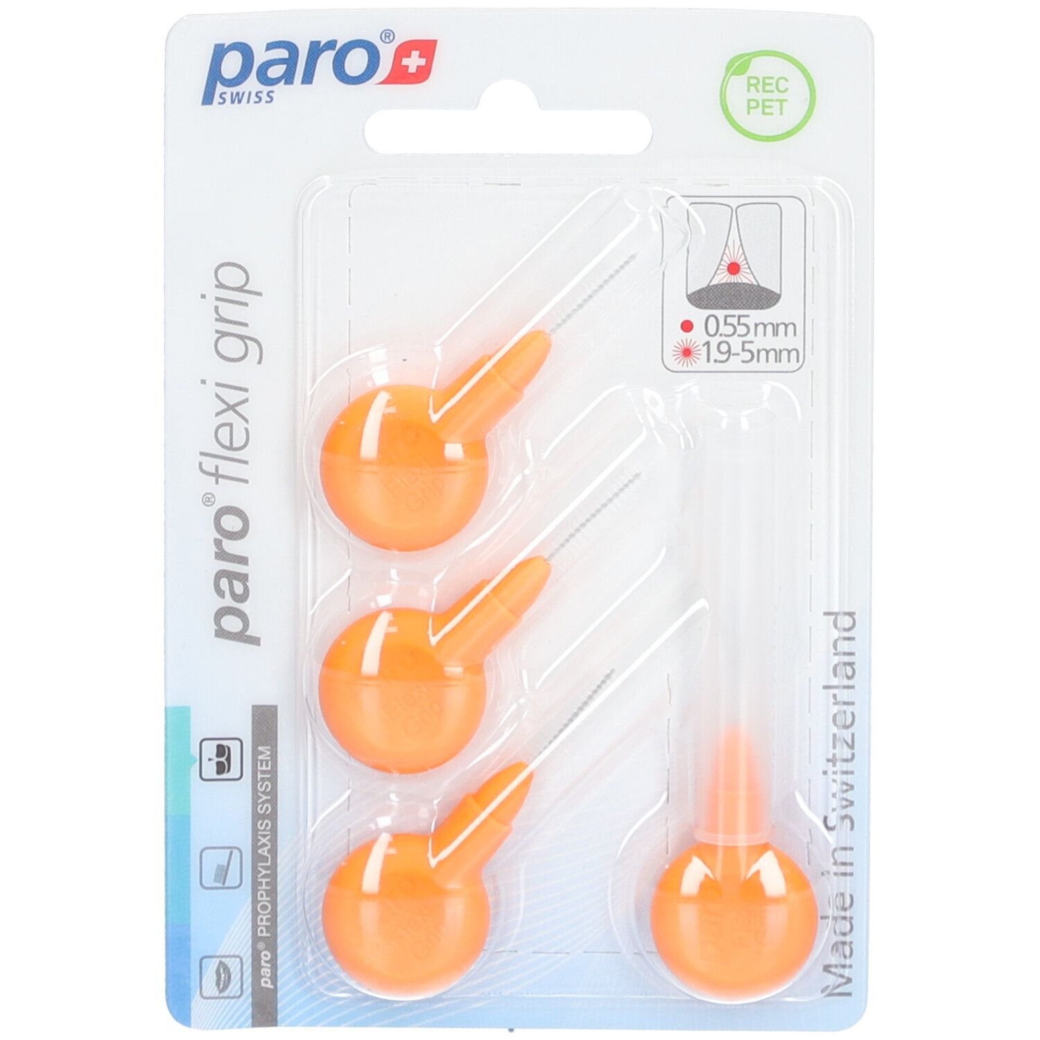 Emballage blister avec trois brosses interdentaires oranges et une de rechange. Logo "paro flexi grip".