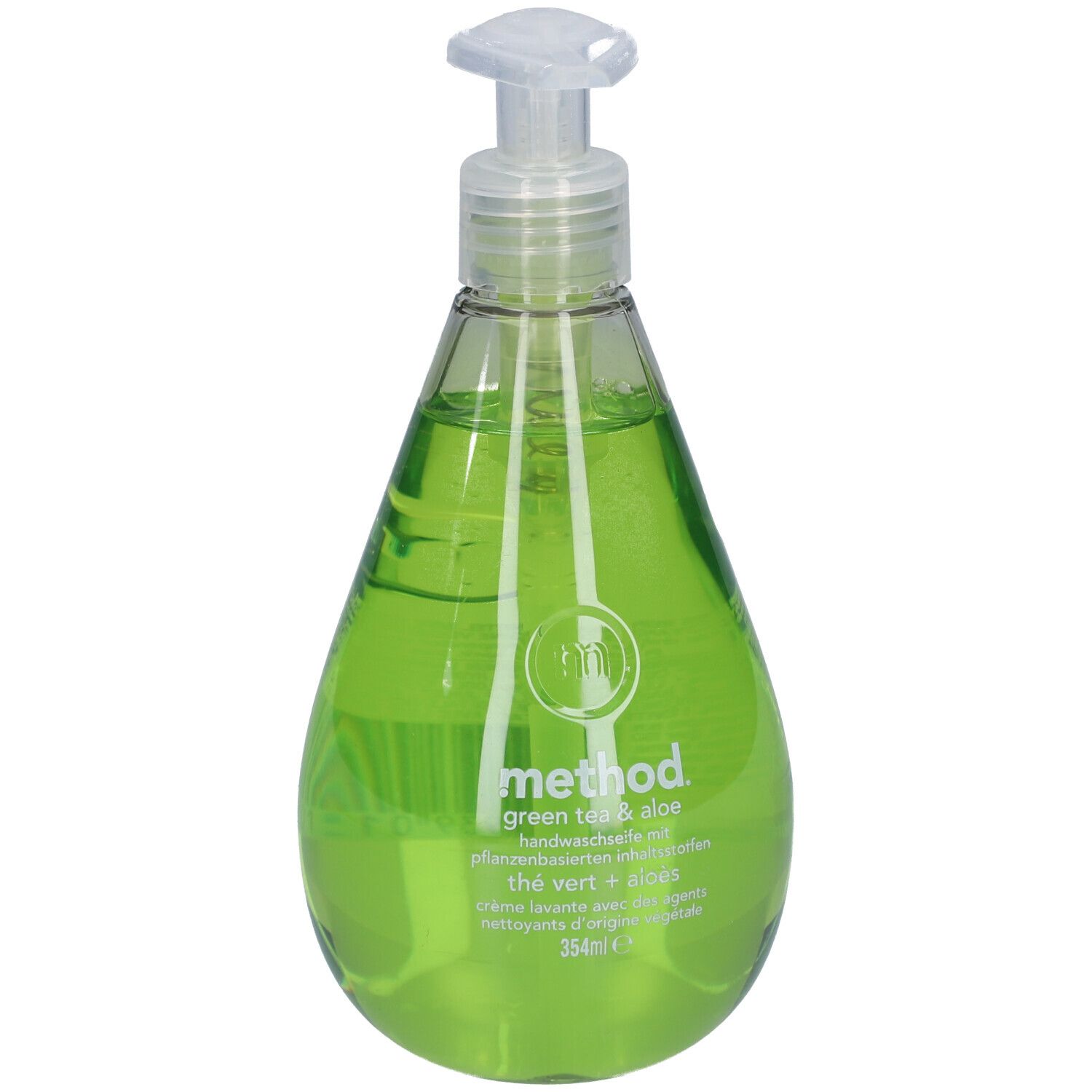 Savon liquide vert en flacon goutte avec pompe. Inscription : method, thé vert & aloe.