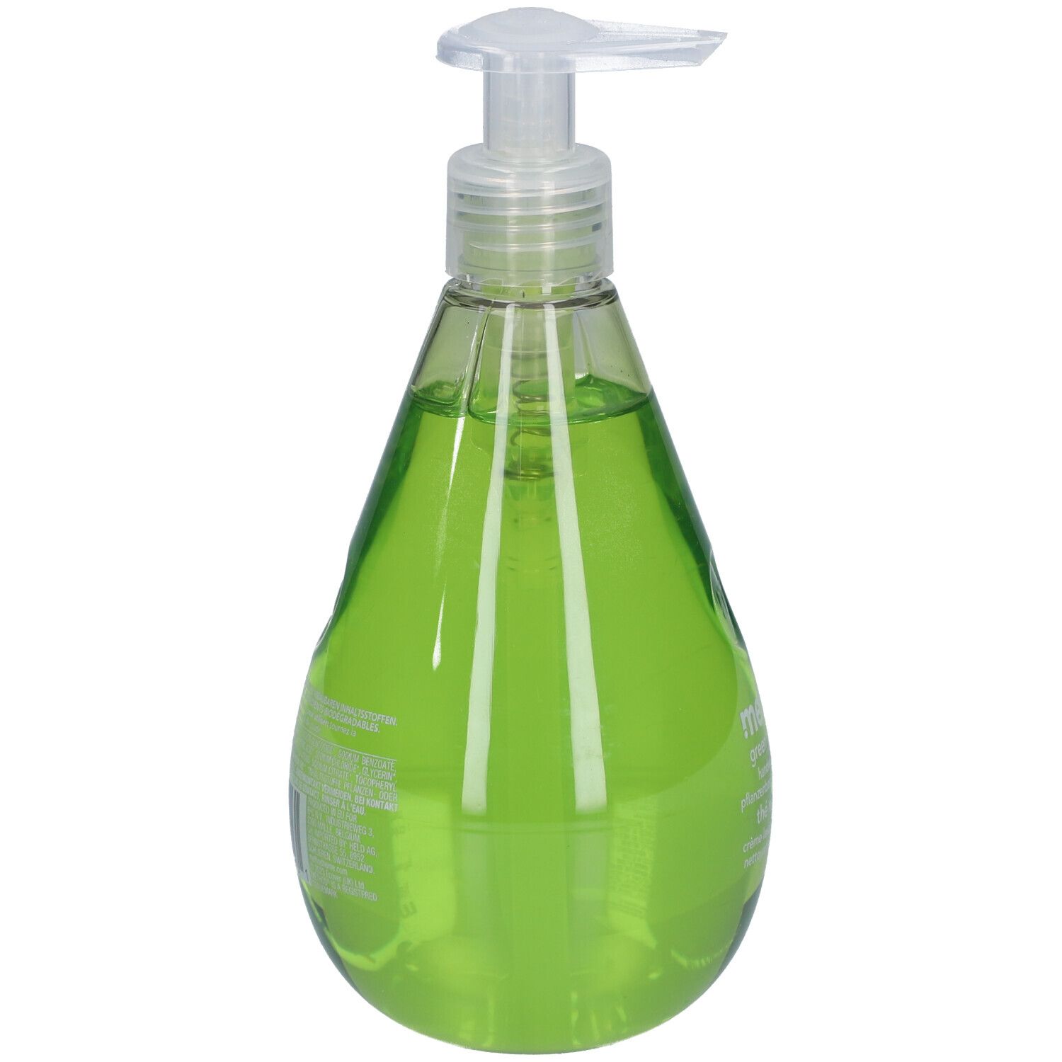 Vue arrière du savon liquide vert en flacon goutte avec pompe. Étiquette avec texte.