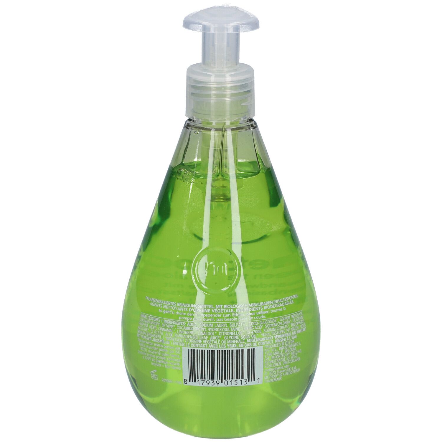 Vue arrière du savon liquide vert en flacon goutte avec pompe. Code-barres et texte sur l'étiquette.