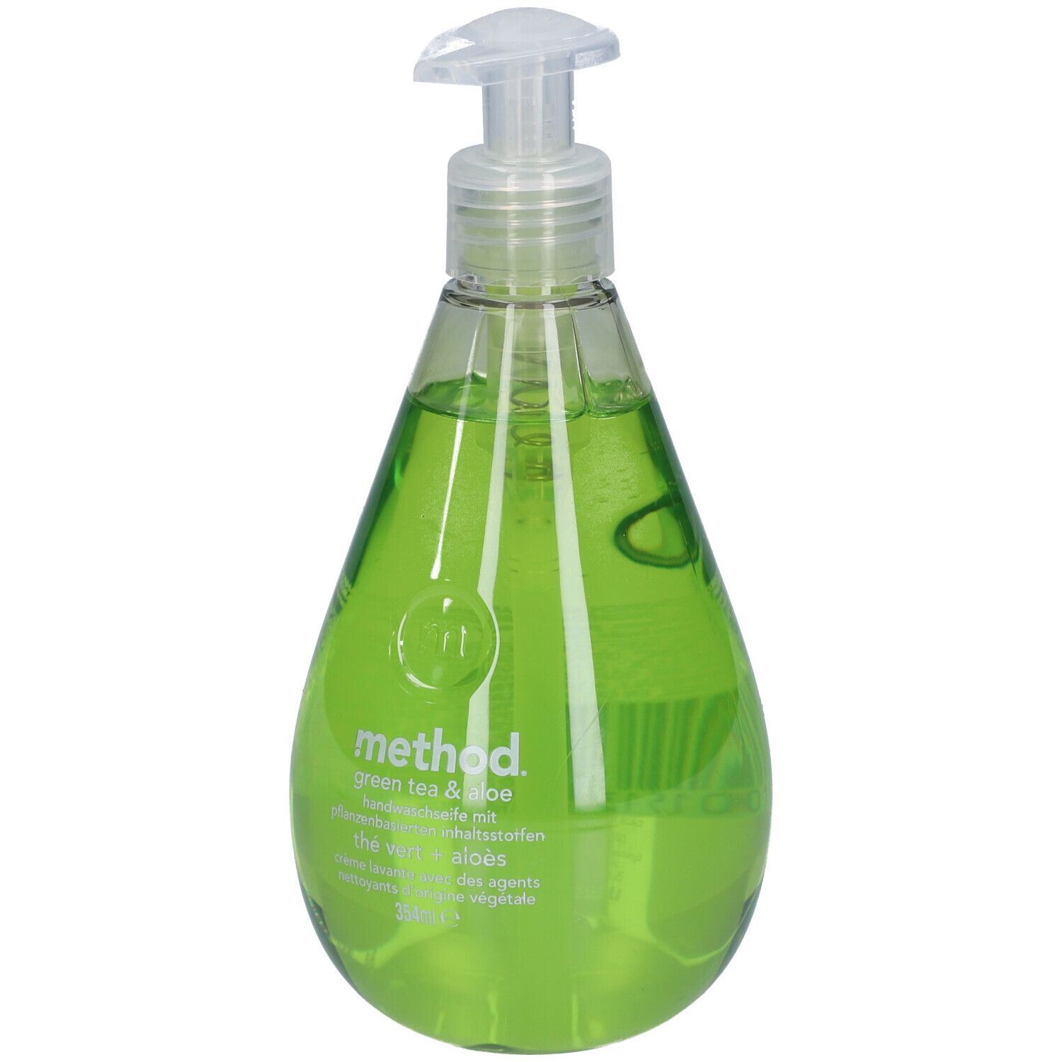Savon liquide vert en flacon goutte avec pompe. Inscription : method, thé vert & aloe.