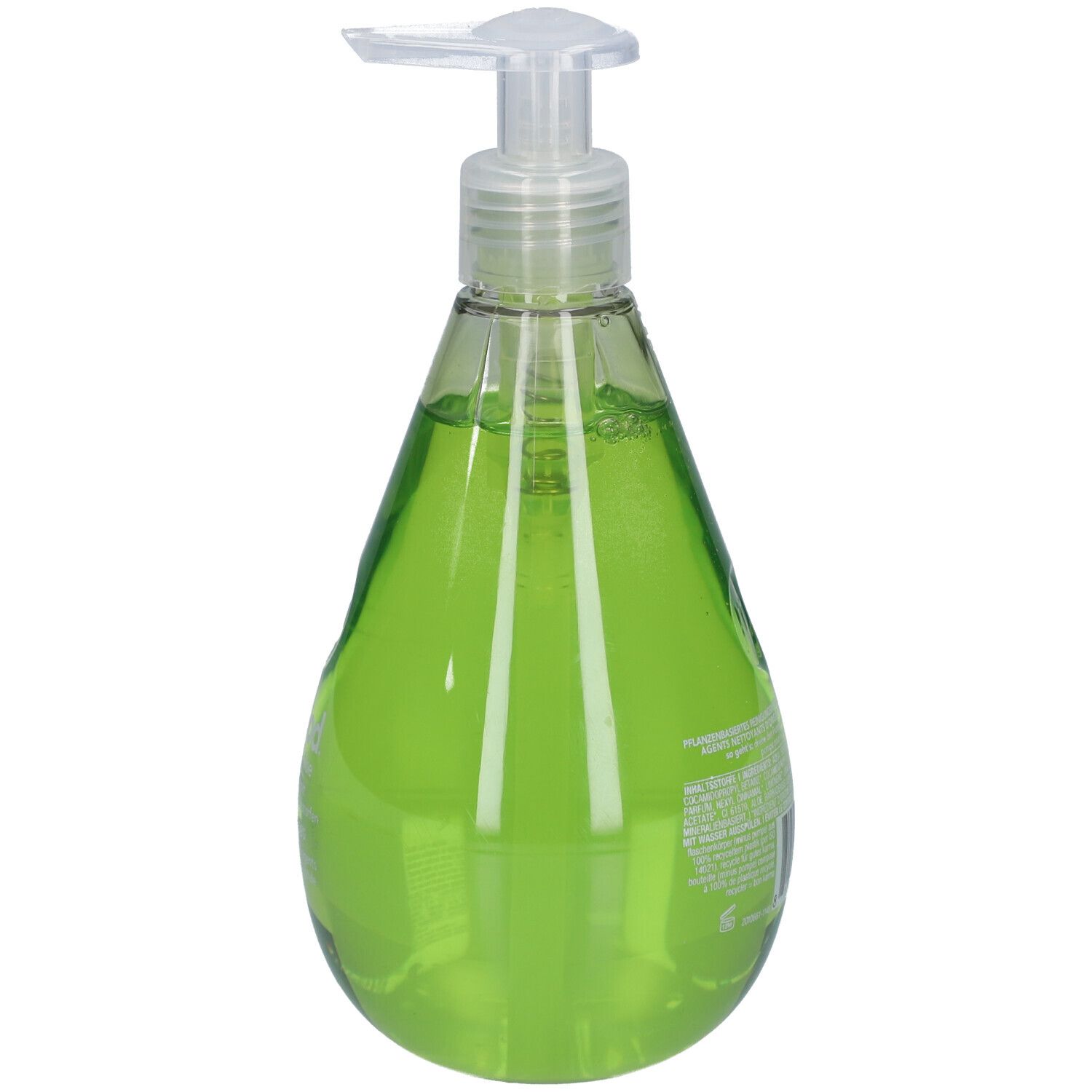 Vue arrière du savon liquide vert en flacon goutte avec pompe. Étiquette avec texte.