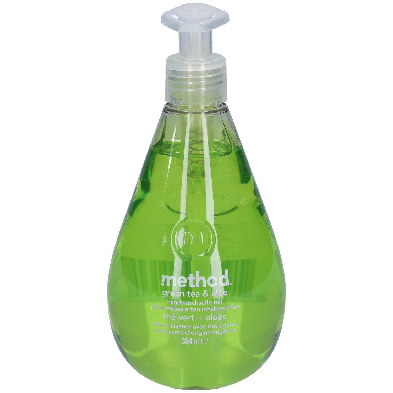 Savon liquide vert en flacon goutte avec pompe. Inscription : method, thé vert & aloe.
