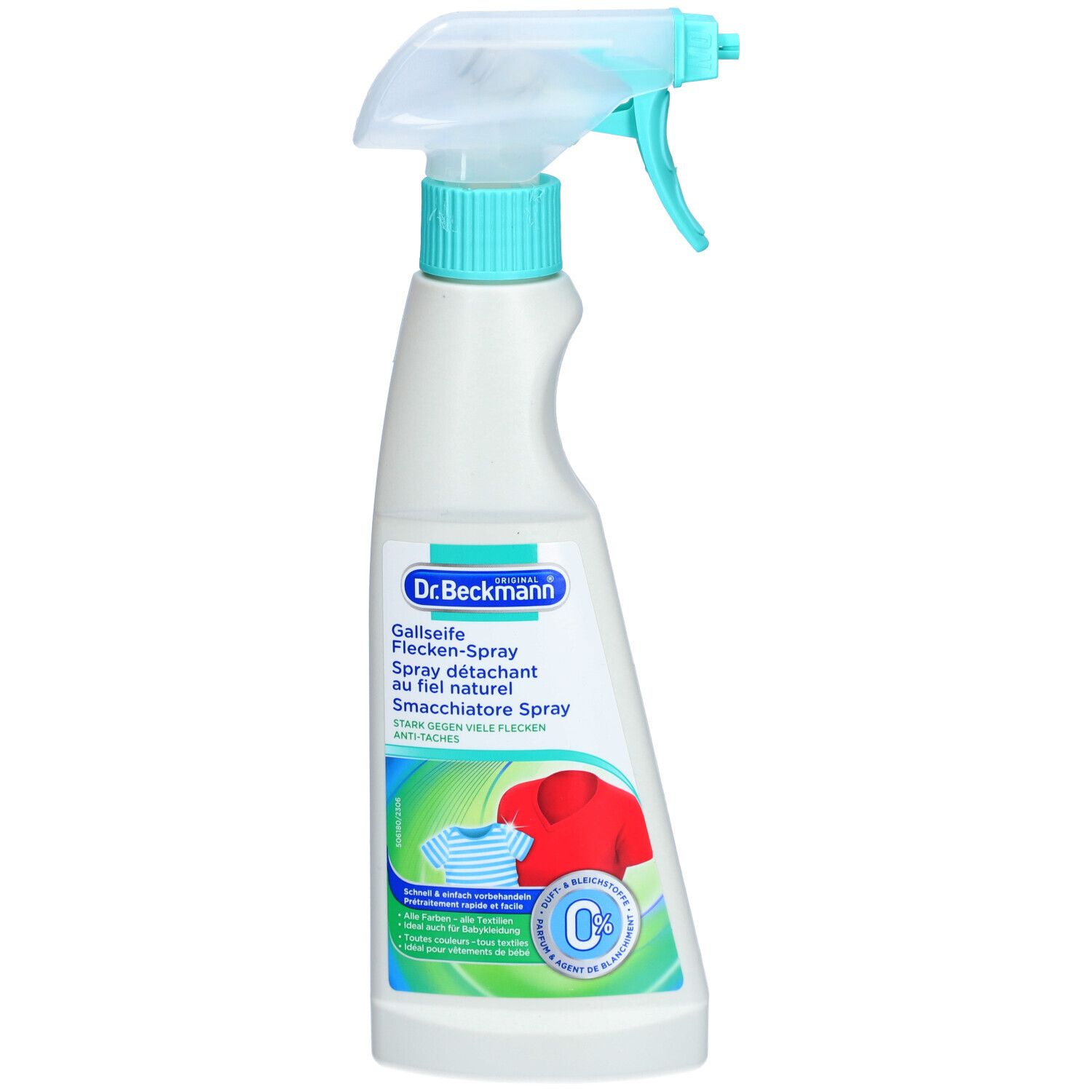 Flacon de spray anti-taches avec tête de pulvérisation. Couleurs turquoise et blanc. Nom et logo du produit visibles. Illustration d'un t-shirt et d'une chemise.