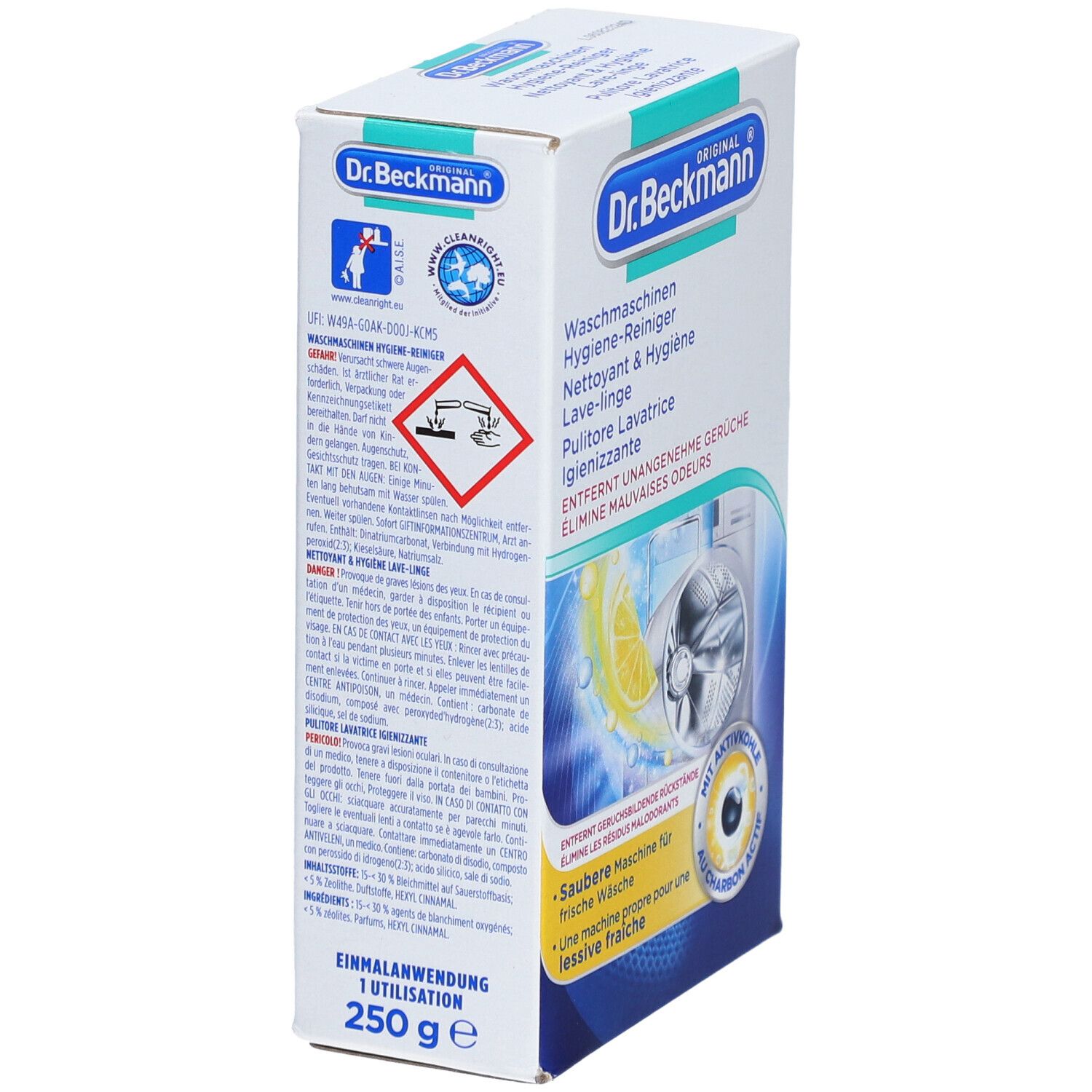 Boîte de Dr. Beckmann nettoyant hygiène pour lave-linge. 250g. Avertissement. Texte en allemand, français, italien.