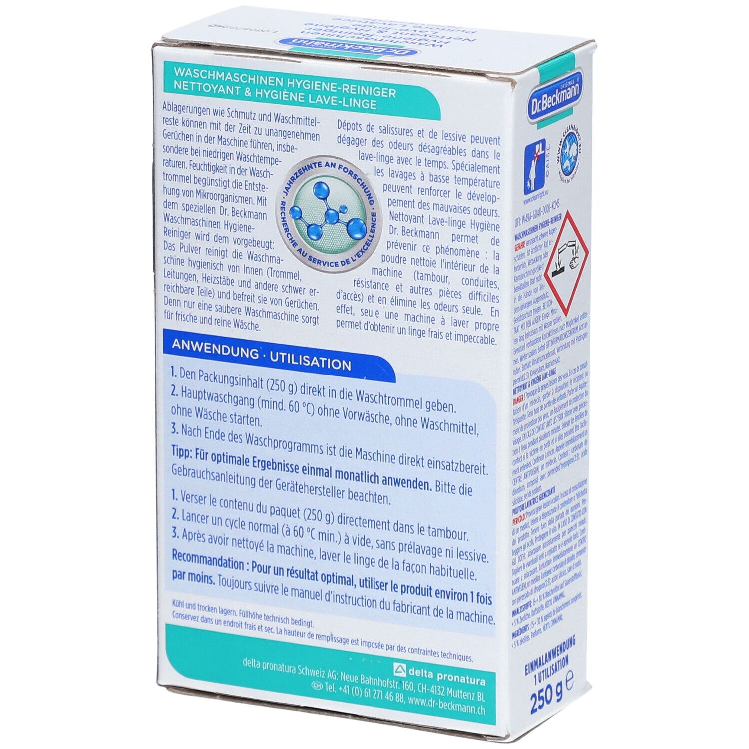 Dos de la boîte Dr. Beckmann nettoyant hygiène pour lave-linge. Instructions en allemand et français.