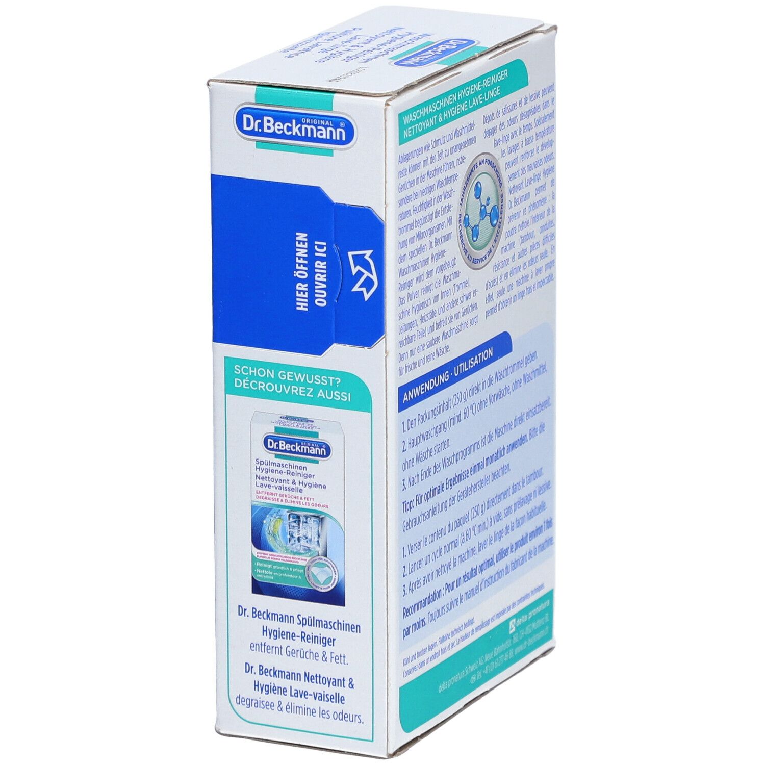 Côté de la boîte Dr. Beckmann nettoyant hygiène pour lave-linge. Languette d'ouverture. Image du produit.