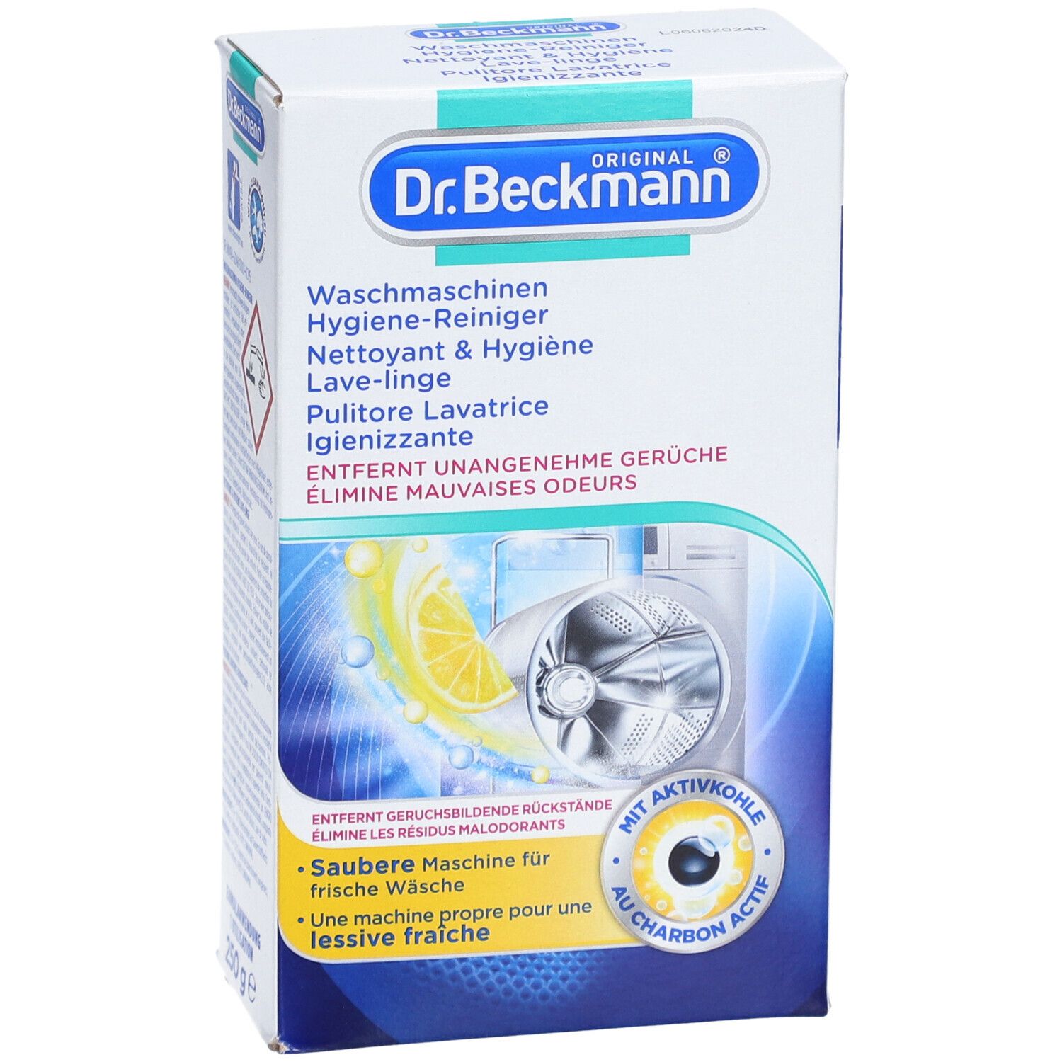 Boîte de Dr. Beckmann nettoyant hygiène pour lave-linge. Contient du charbon actif. Image d'un lave-linge et citron.
