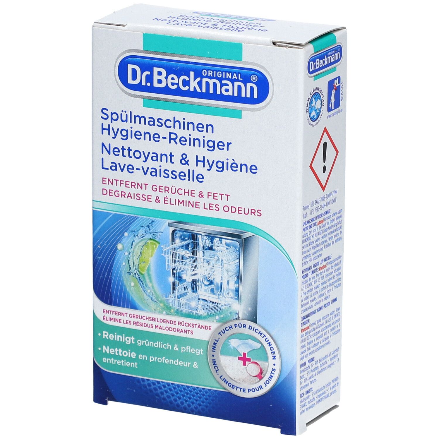 Boîte de produit. Texte: Nettoyant & Hygiène Lave-vaisselle. Contient nettoyant et lingette. Marque: Dr. Beckmann.