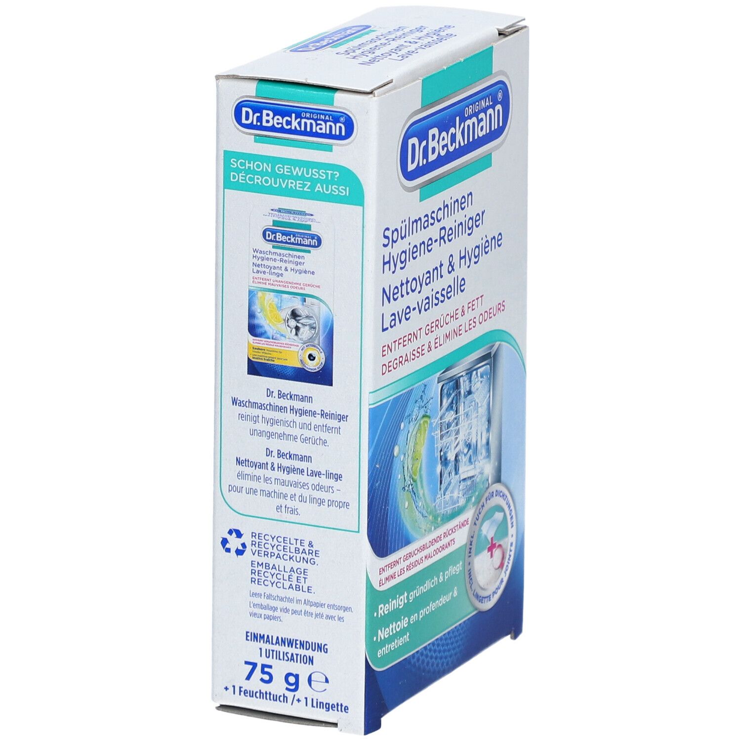 Vue latérale de la boîte. Texte: Nettoyant & Hygiène Lave-vaisselle. Contient 75g de poudre et une lingette. Marque: Dr. Beckmann.