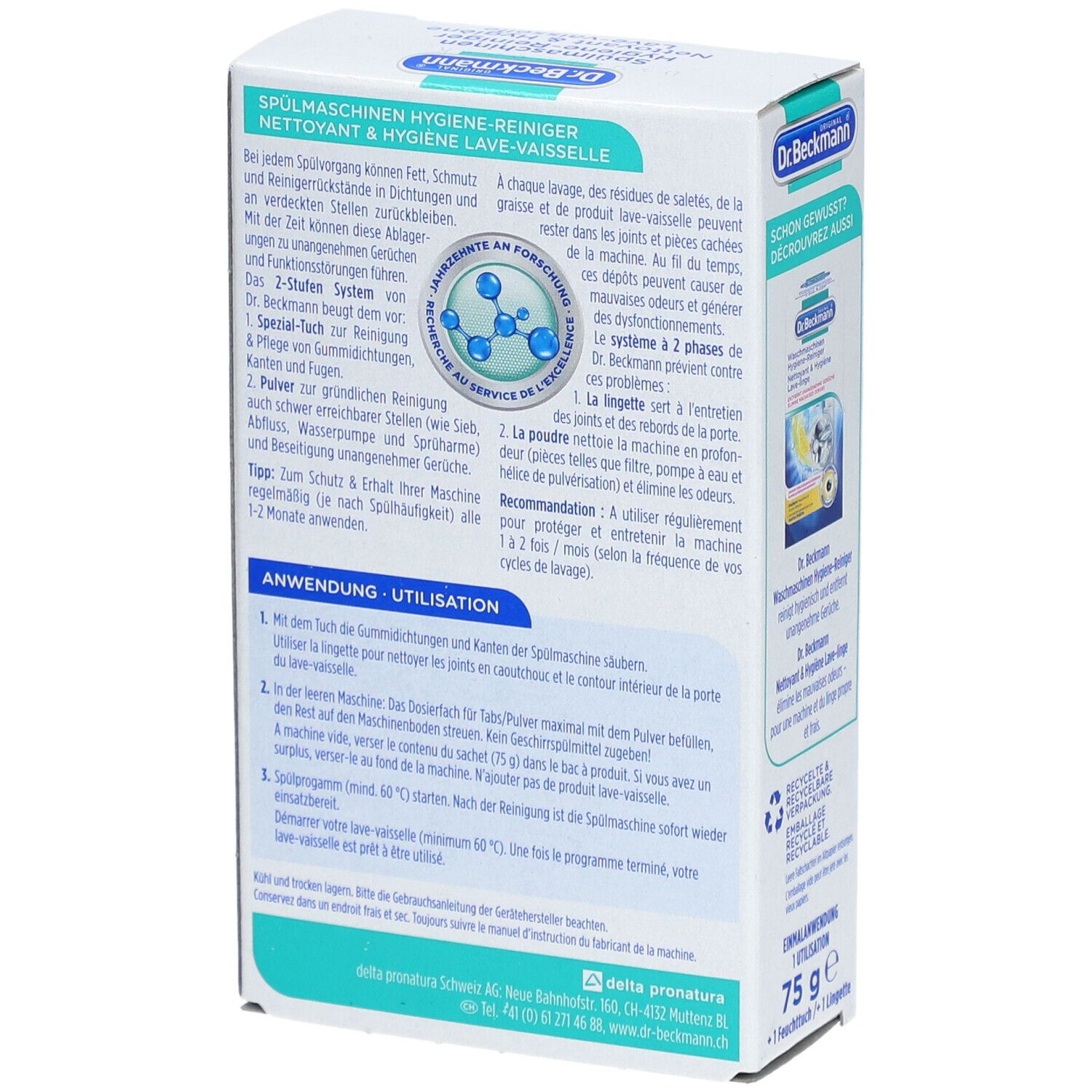 Dos de l'emballage du produit. Texte: Utilisation. Contient des informations sur l'utilisation. Marque: Dr. Beckmann.