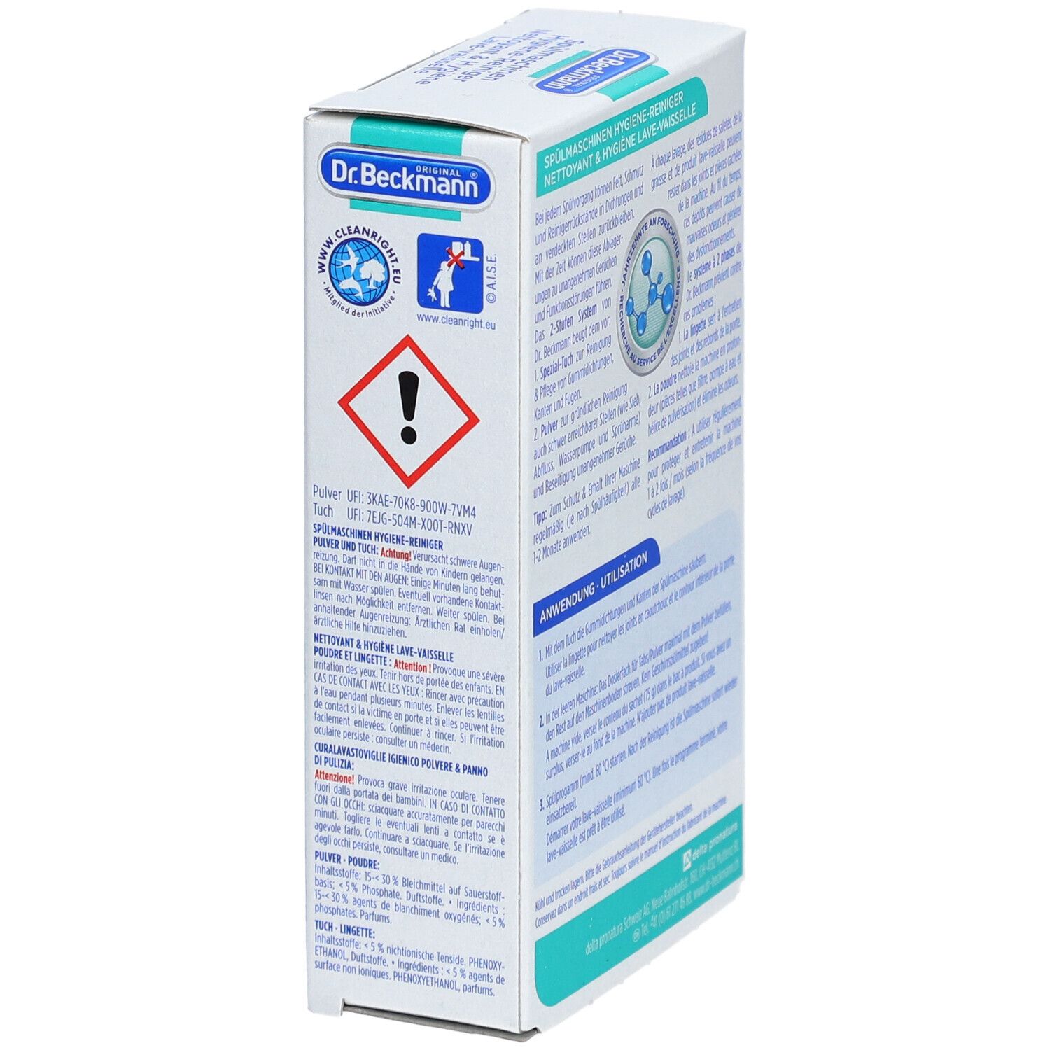 Vue latérale de l'emballage. Texte: Avertissement. Contient des informations sur les dangers. Marque: Dr. Beckmann.