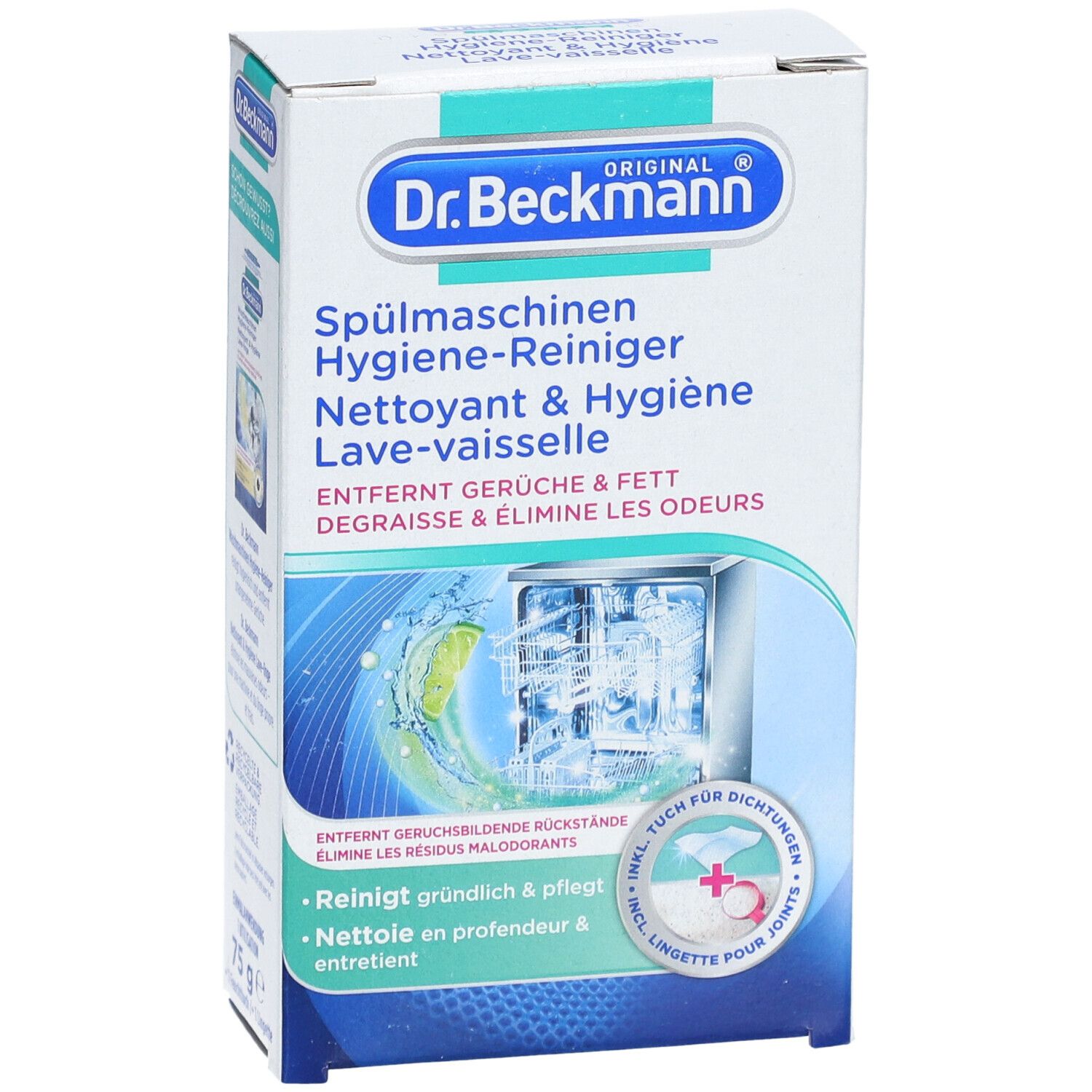 Boîte de produit. Texte: Nettoyant & Hygiène Lave-vaisselle. Contient nettoyant et lingette. Marque: Dr. Beckmann.