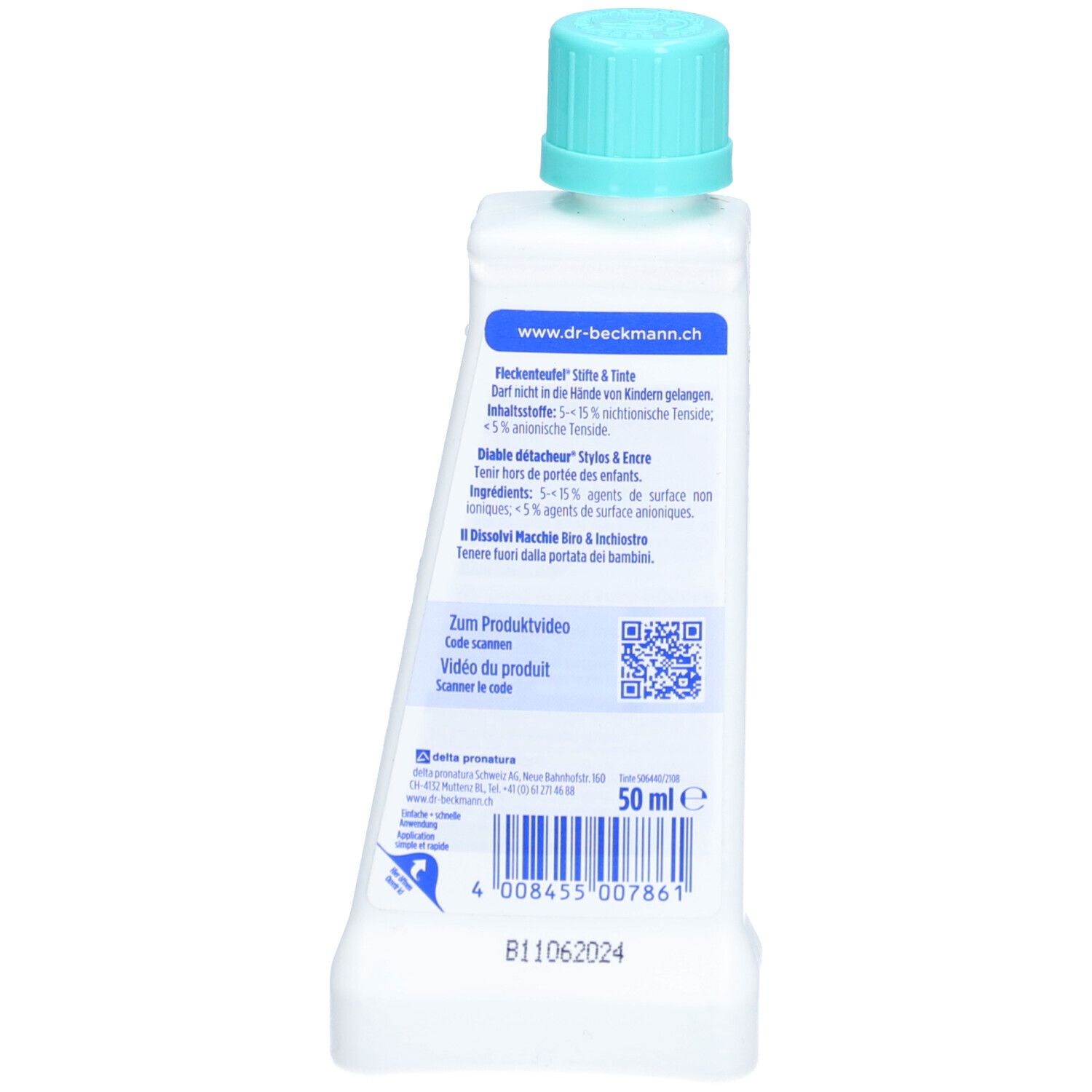 Dos du flacon de détachant. Inscription: Dr. Beckmann, Flecken Teufel, Stylos & Encre. Code QR et indication de volume: 50 ml.