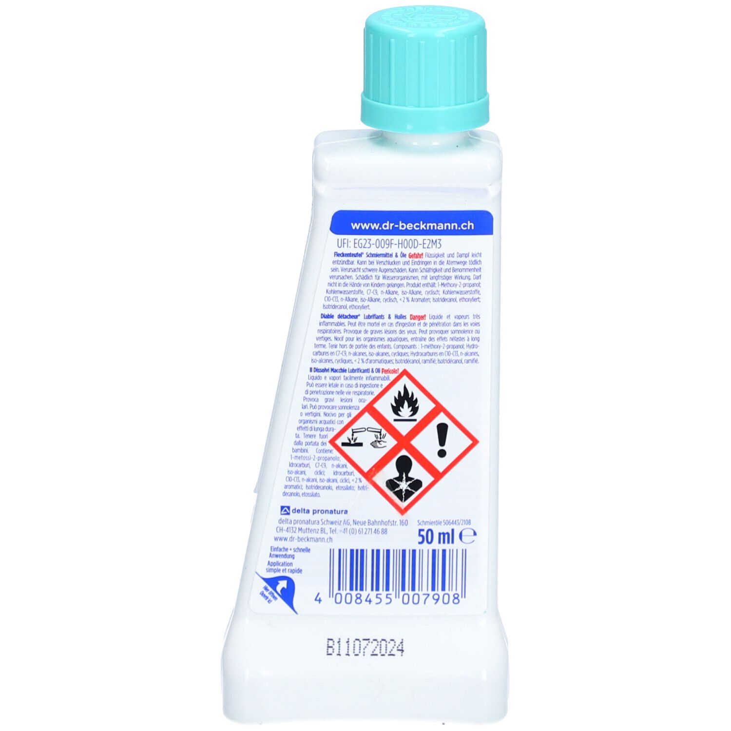 Dos du flacon. Inscription: www.dr-beckmann.ch, avertissements, 50 ml, code-barres.