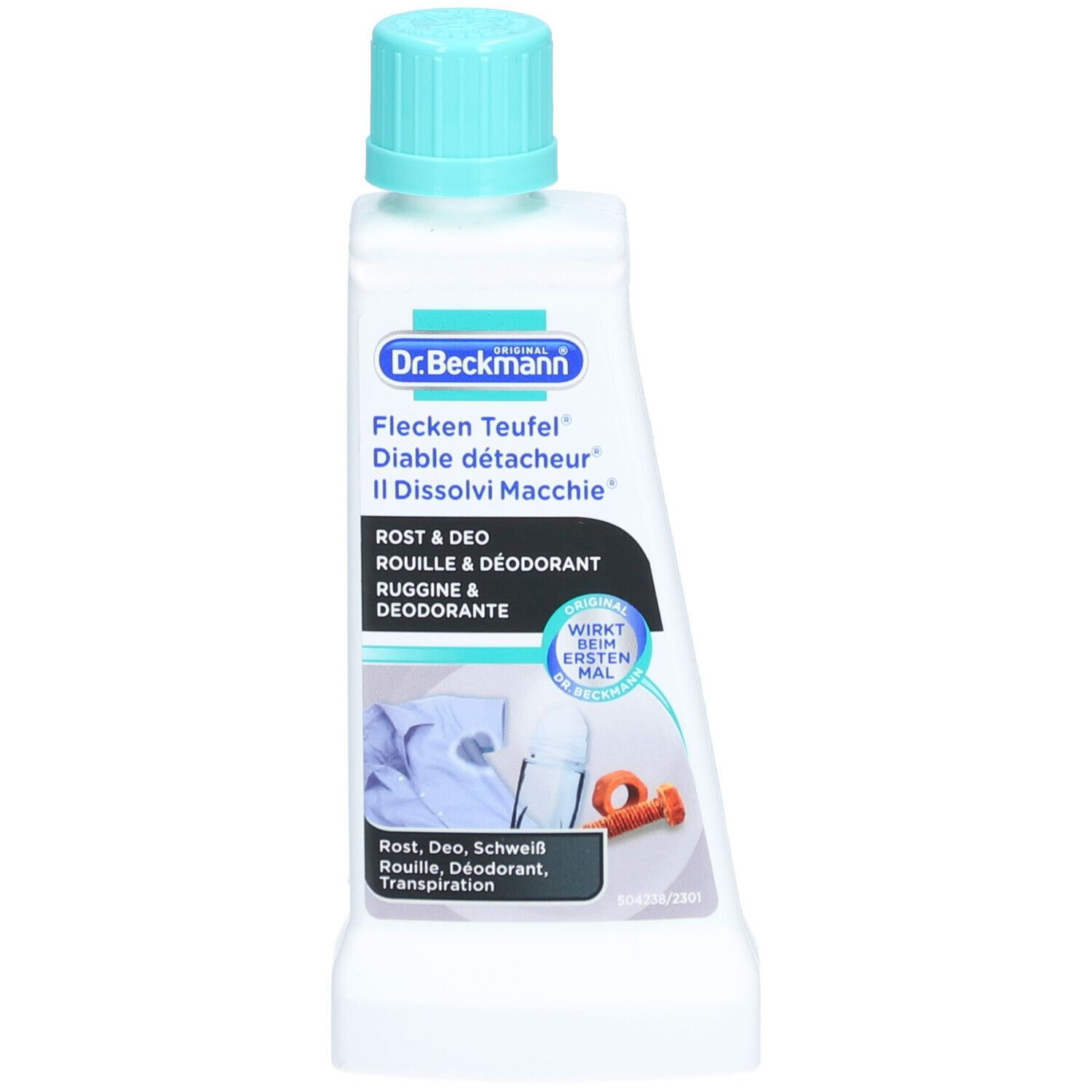Flacon avec bouchon bleu. Étiquette avec nom du produit, illustrations et texte. Détachant rouille et déodorant.