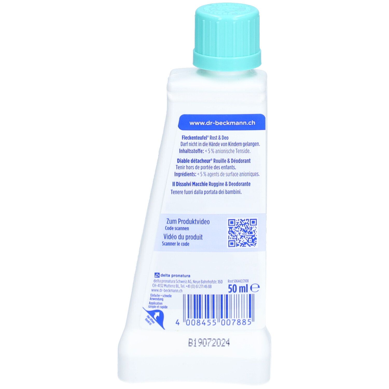 Dos du flacon avec bouchon bleu. Étiquette avec texte et code QR. 50 ml.