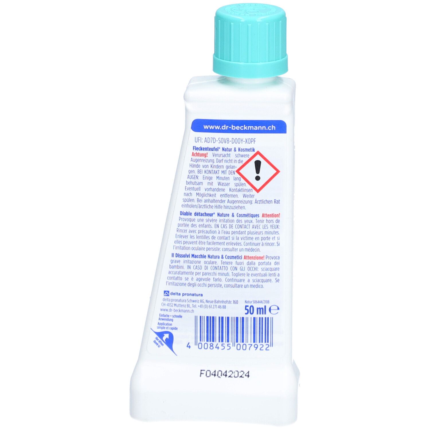 Dos du flacon de détachant. Contient du texte, des avertissements et un code QR. Étiquette blanche avec texte bleu.