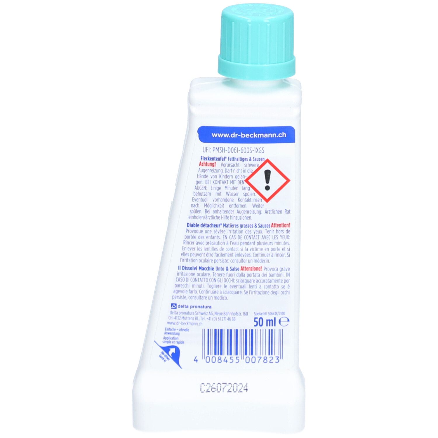 Dos du flacon de détachant. Contient du texte, des avertissements et un code-barres. Indication de volume : 50 ml.