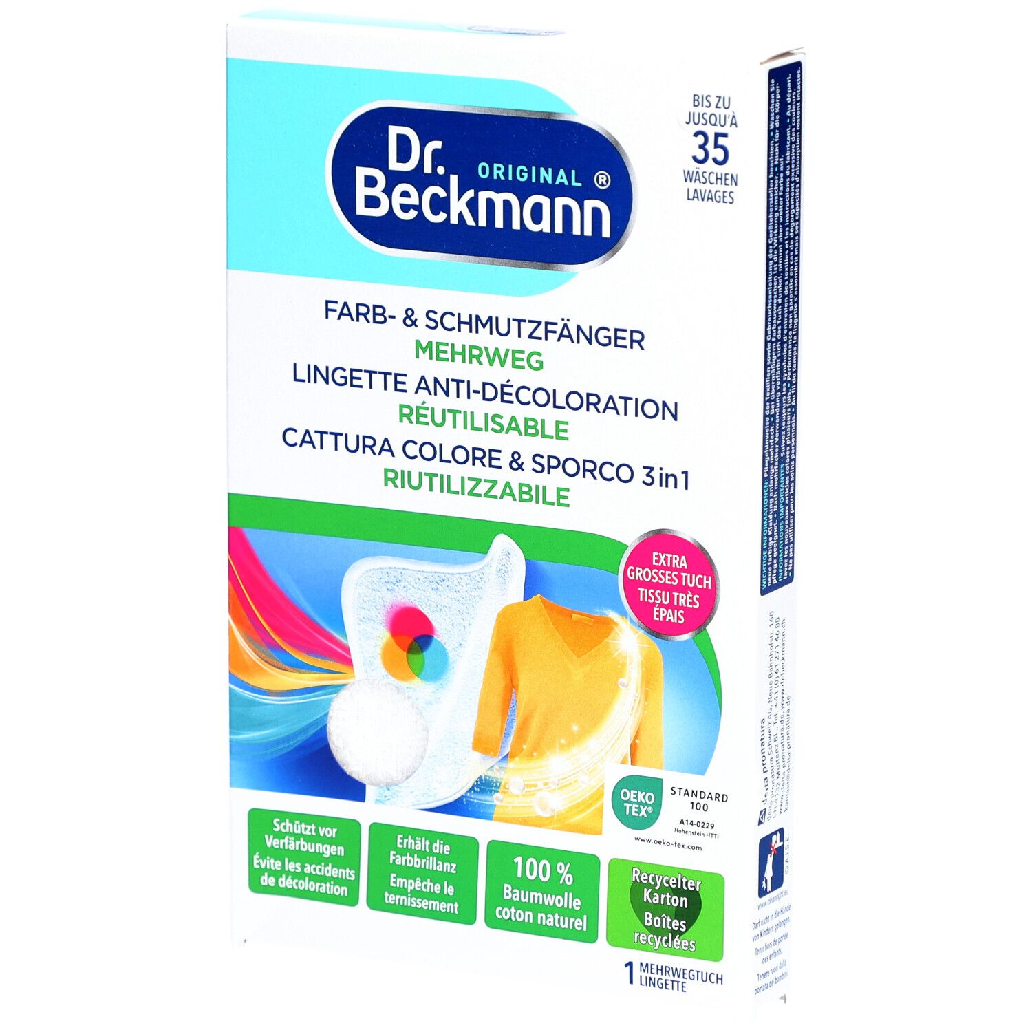 Boîte de lingettes anti-décoloration réutilisables Dr. Beckmann. Contient une lingette. Texte: Farb- & Schmutzfänger, Mehrweg, Anti-Décoloration, Riutilizzabile.