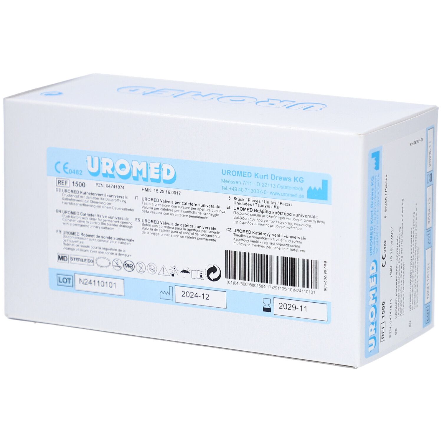 Boîte en carton blanche avec inscription bleue UROMED. Contient des informations et des symboles. Date de péremption 2024-12.