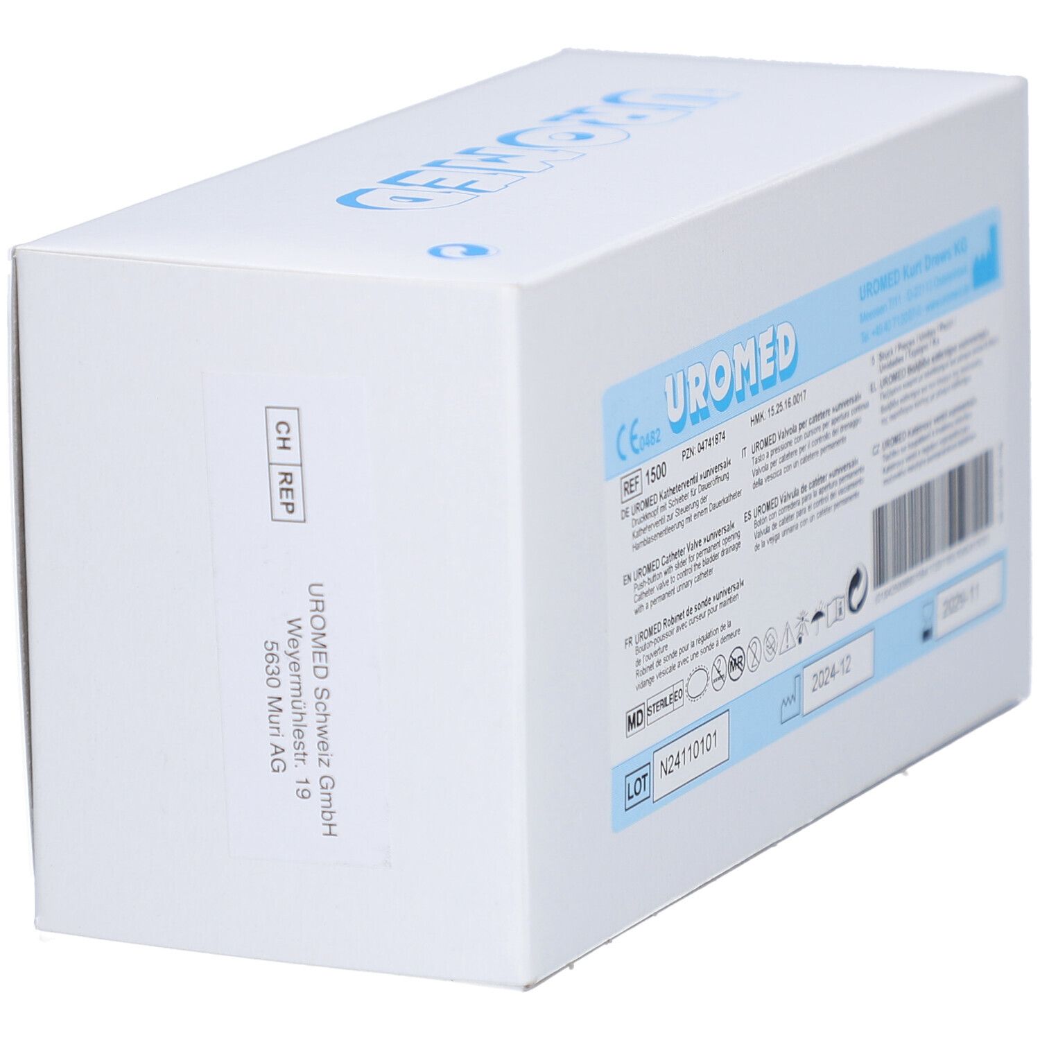Boîte en carton blanche avec inscription bleue UROMED. Vue latérale avec informations et logo. CH REP.