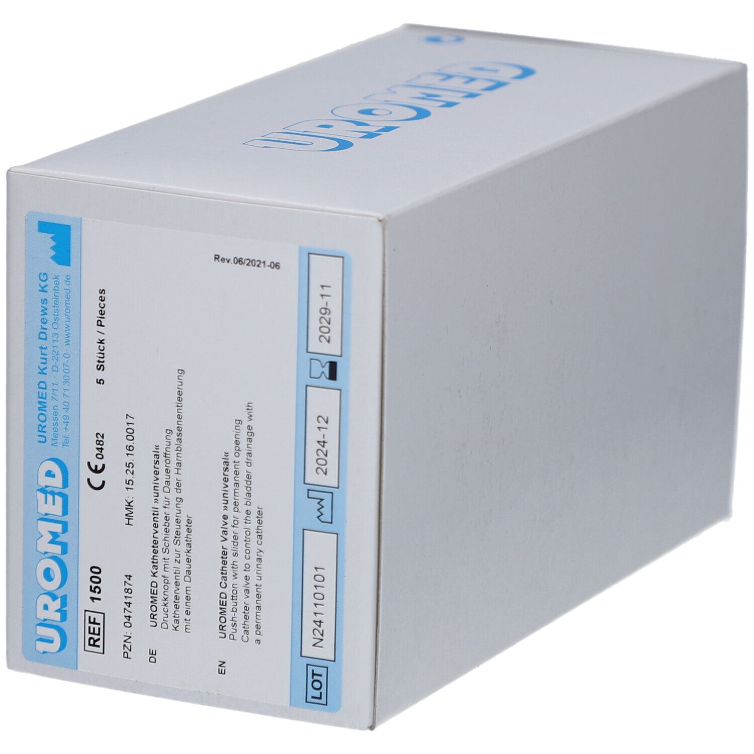 Boîte en carton blanche avec inscription bleue UROMED. Contient des informations et des symboles. Date de péremption 2024-12.