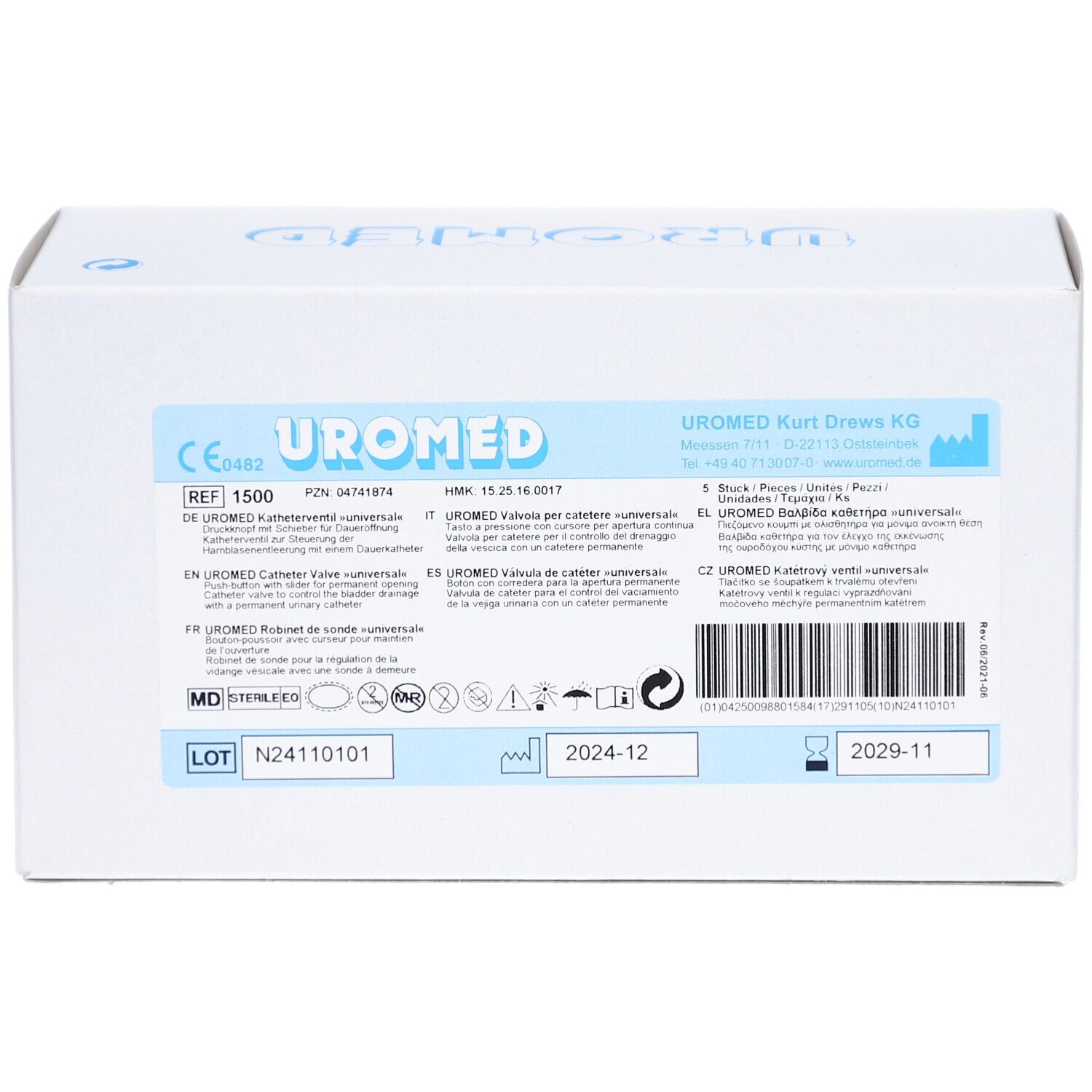 Boîte en carton blanche avec inscription bleue UROMED. Contient des informations et des symboles. Date de péremption 2024-12.