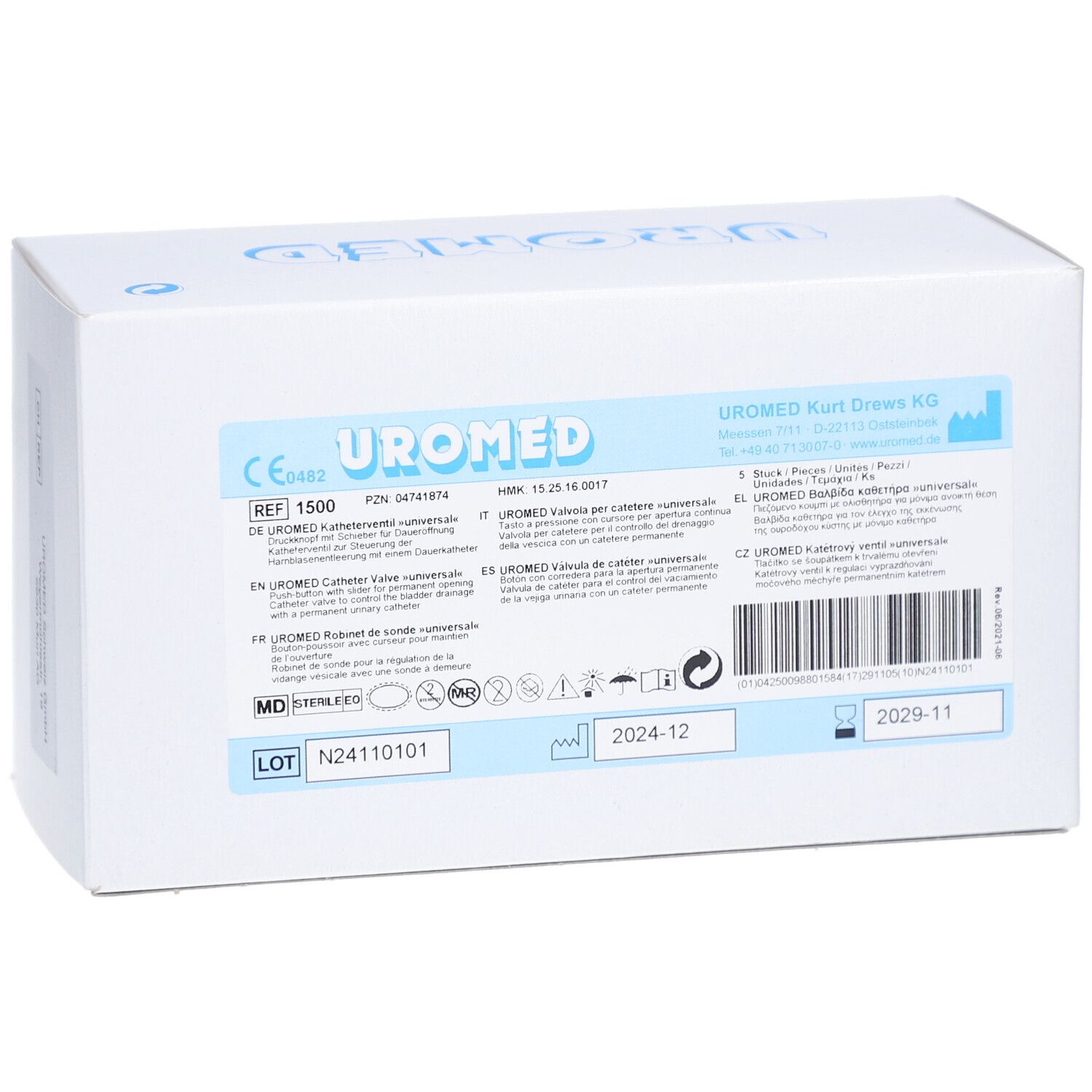 Boîte en carton blanche avec inscription bleue UROMED. Contient des informations et des symboles. Date de péremption 2024-12.
