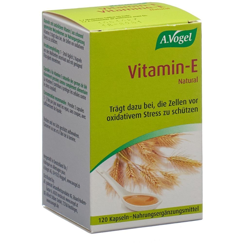A. Vogel Vitamine E. Boîte verte avec informations produit et motif d'épis de blé. 120 capsules. Complément alimentaire.
