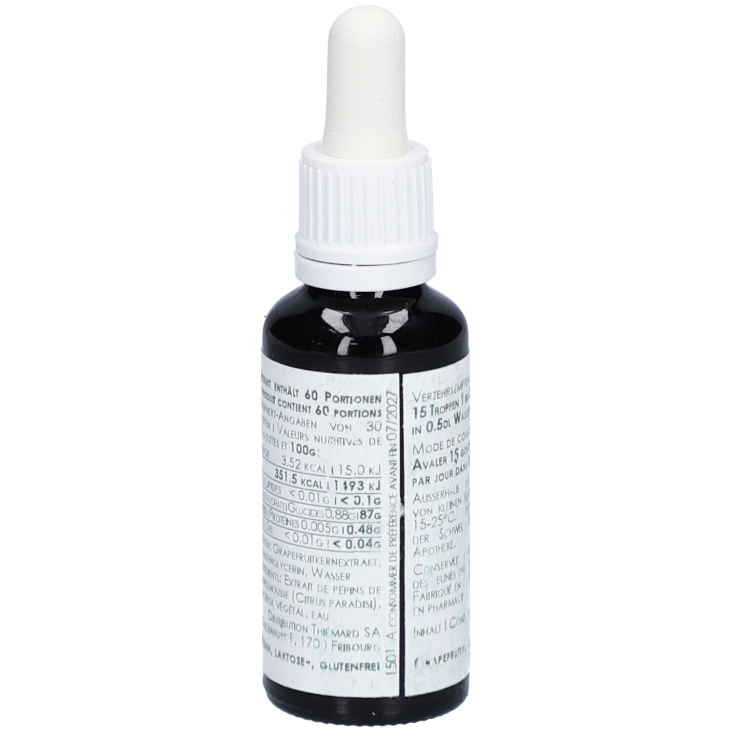 Flacon en verre brun avec pipette. Inscription Grapax 99%, extrait de pépins de pamplemousse. Vegan, sans lactose, sans gluten. Logo THIÉMARD.