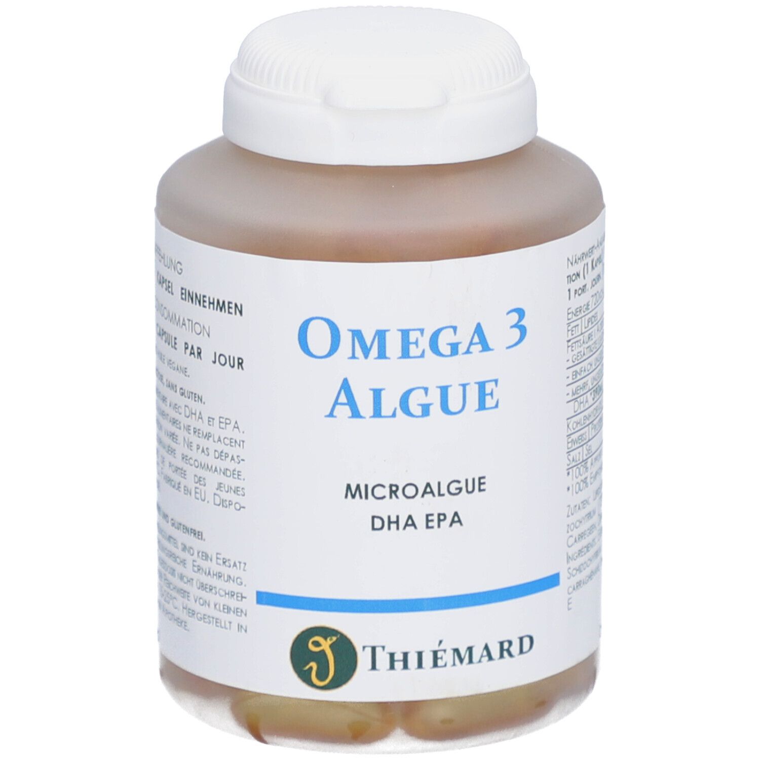 Flacon blanc avec étiquette bleue. "Omega 3 Algue" et logo Thiemard.