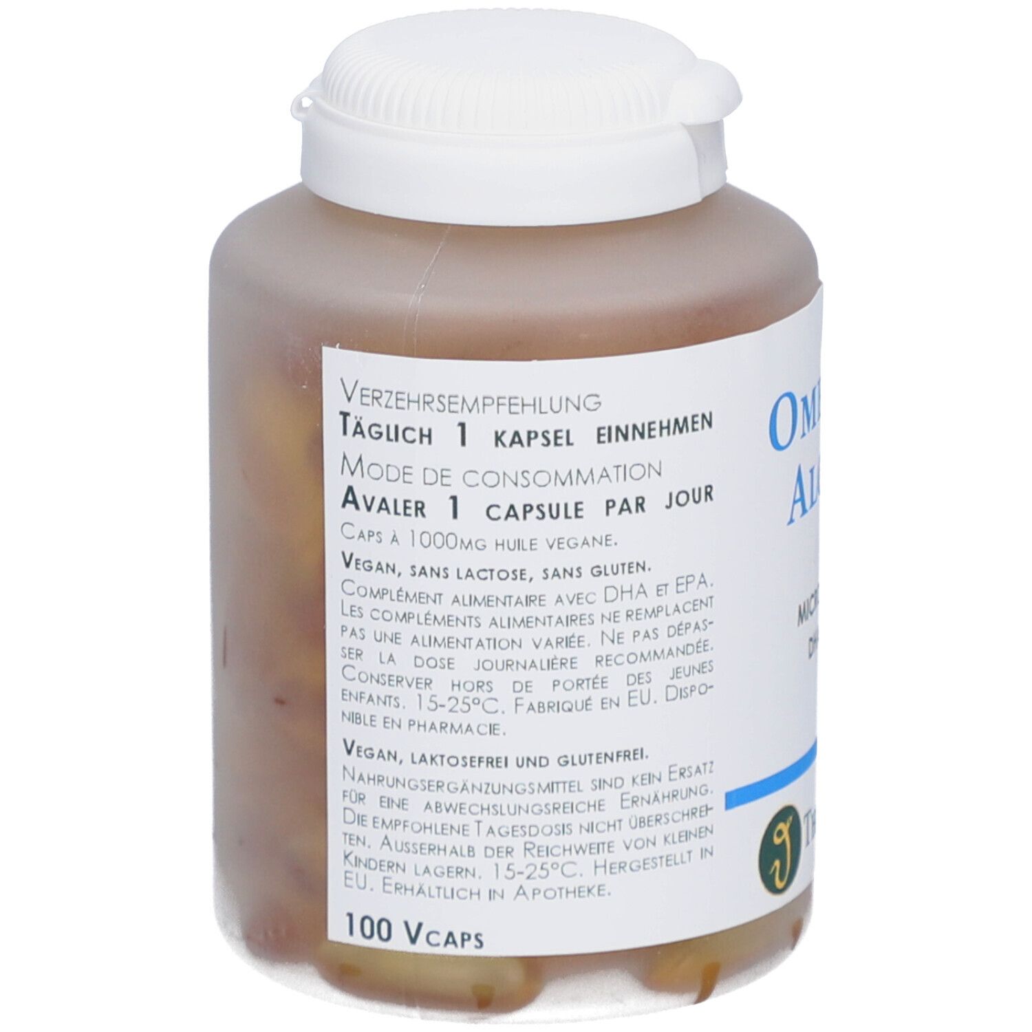 Vue arrière du flacon avec gélules brunes. Étiquette avec recommandations et ingrédients.