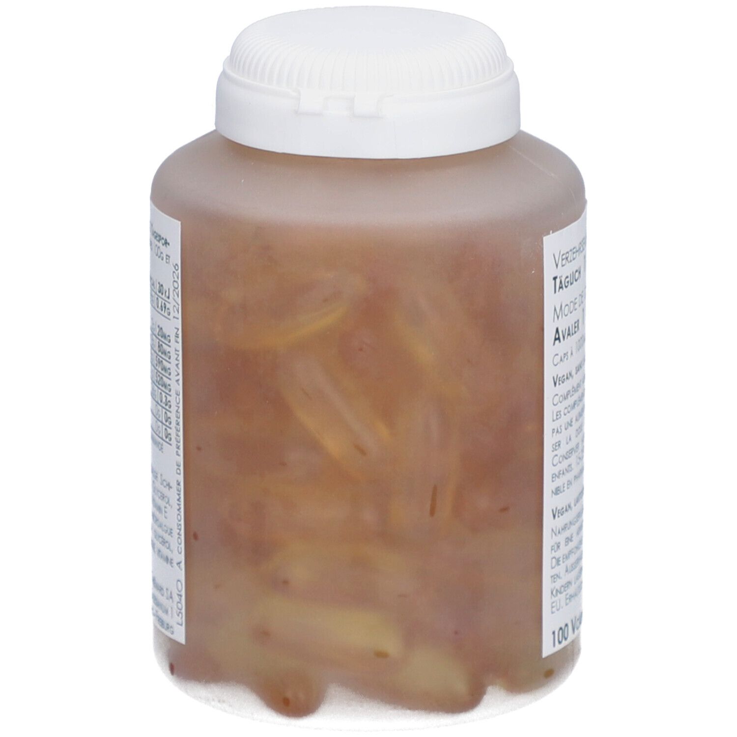 Flacon transparent avec gélules brunes. Étiquette avec informations.