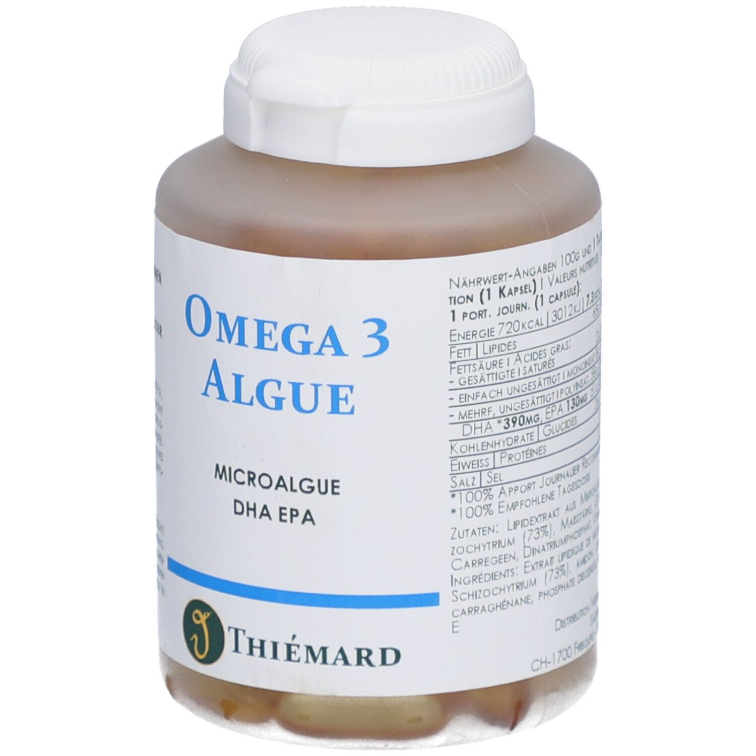 Flacon blanc avec étiquette bleue. "Omega 3 Algue" et informations nutritionnelles.