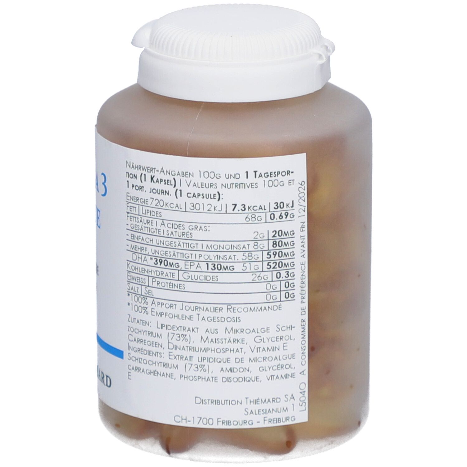 Vue arrière du flacon avec informations nutritionnelles et ingrédients. Étiquette blanche.