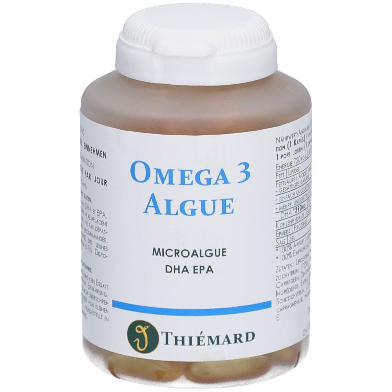 Flacon blanc contenant des gélules brunes. Étiquette bleue avec "Omega 3 Algue" et logo Thiemard.