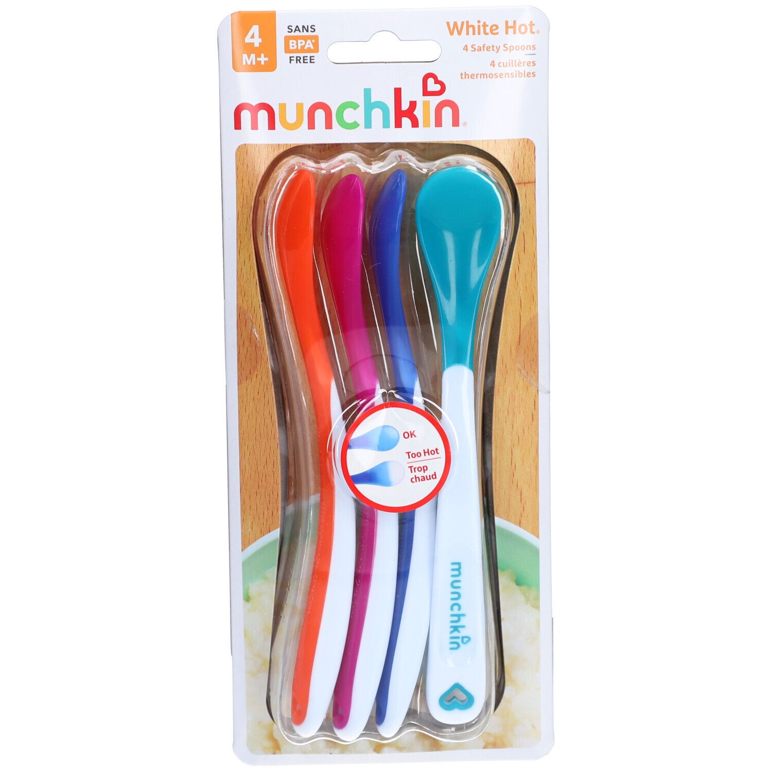 Quatre cuillères Munchkin avec indicateur de température à changement de couleur. Couleurs : orange, rose, violet, turquoise.