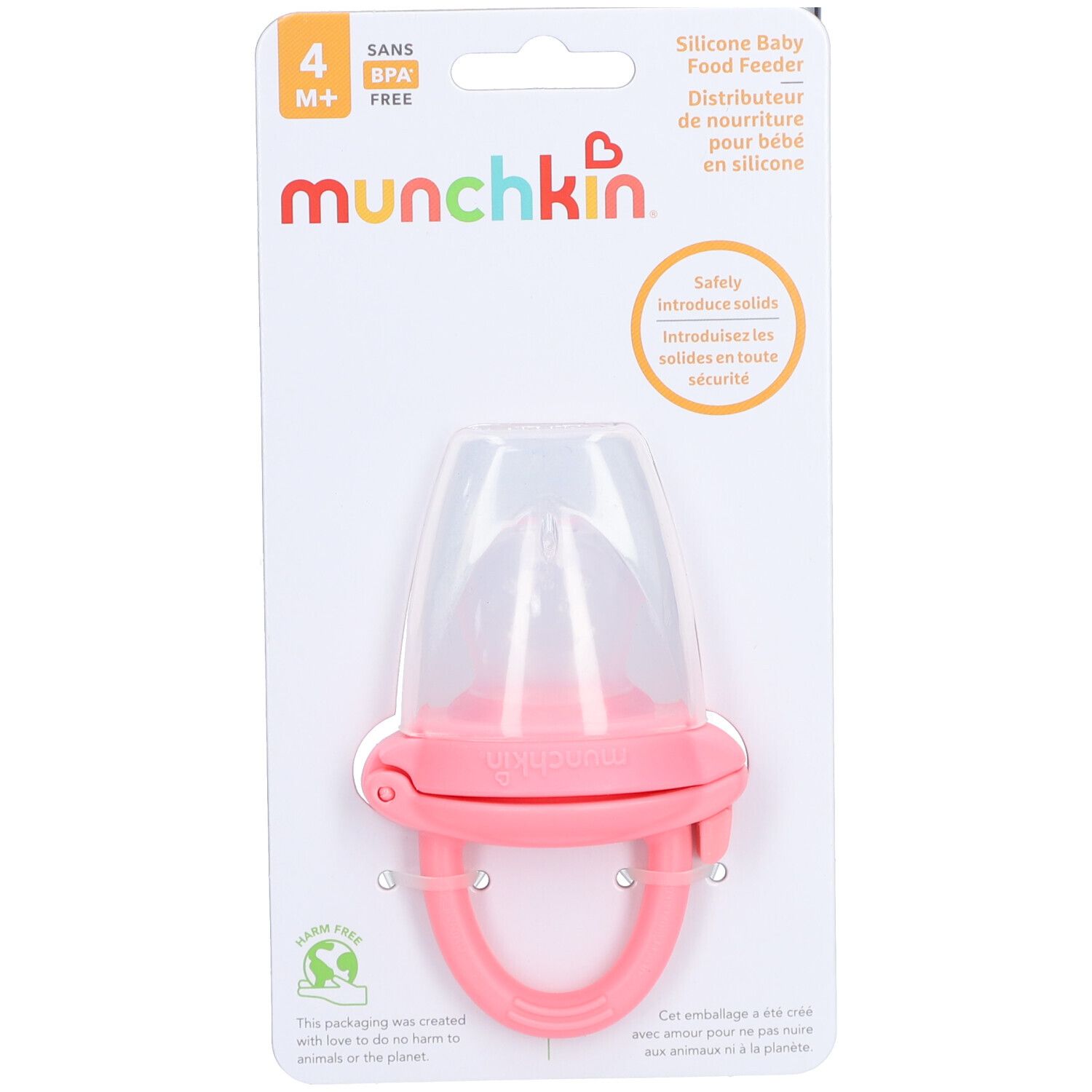Distributeur de nourriture pour bébé en silicone rose avec poignée et capuchon transparent. Sans BPA.