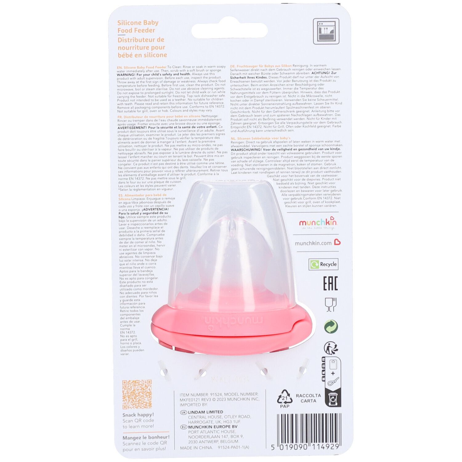 Distributeur de nourriture pour bébé en silicone rose avec embout transparent.