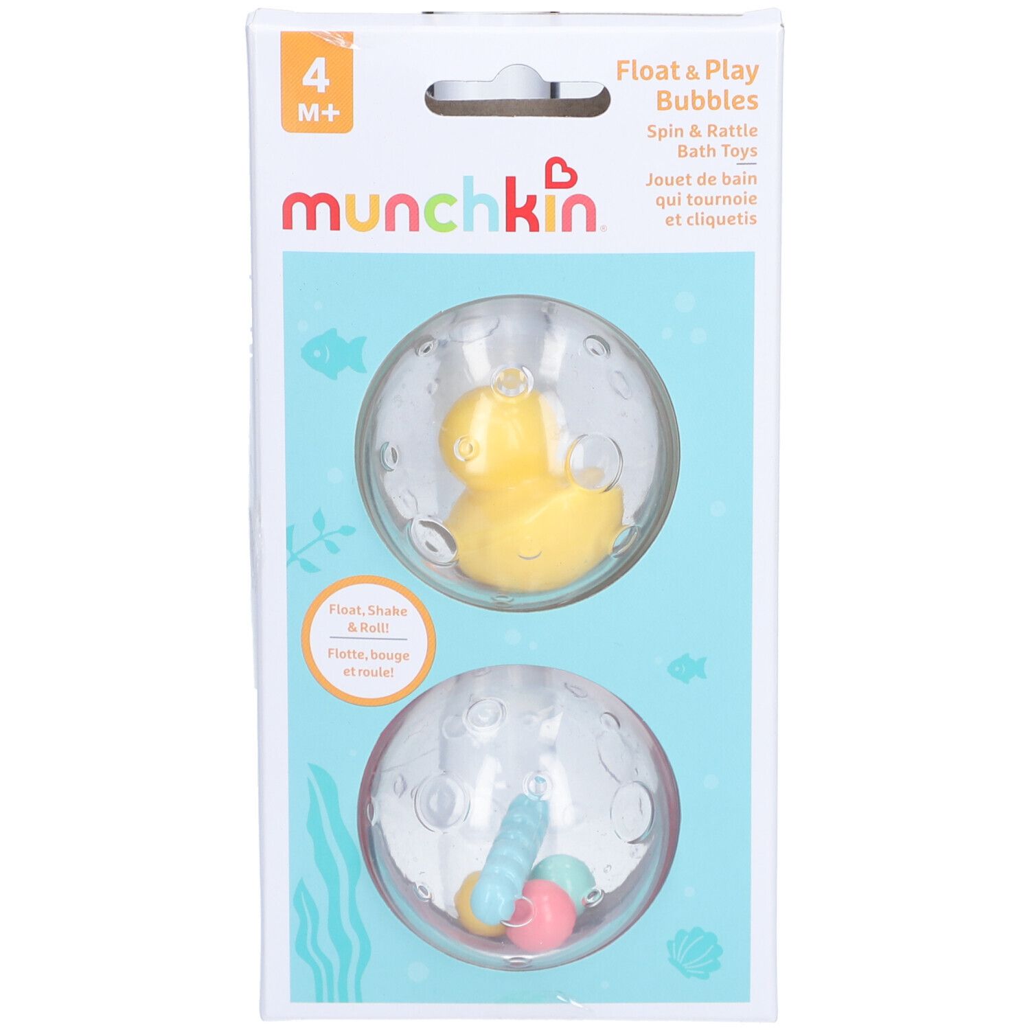 Deux boules transparentes avec jouets. L'une contient un canard jaune, l'autre des billes colorées. Emballage avec logo de la marque.