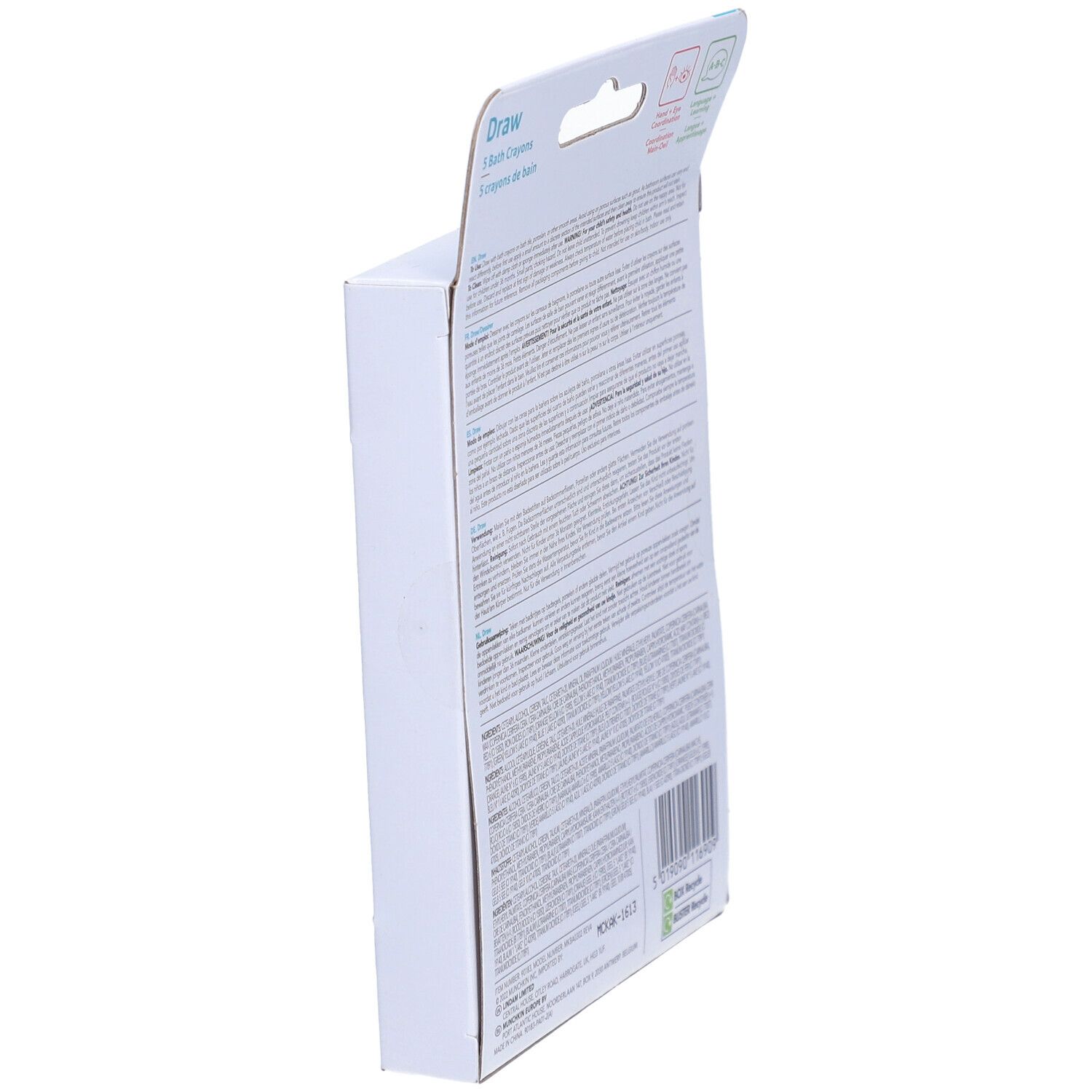 Vue latérale de l'emballage avec informations sur le produit. Texte en plusieurs langues. Contient des informations sur les ingrédients.