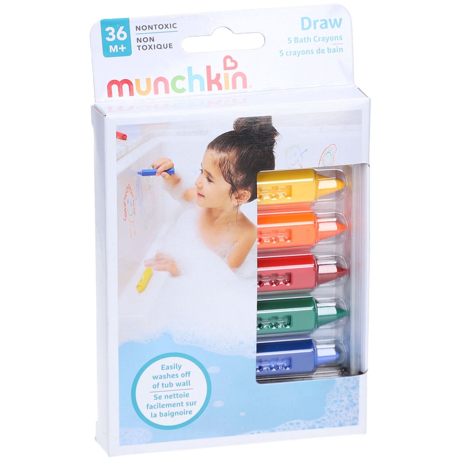 Emballage de 5 crayons de bain. Marque : munchkin. Contient des crayons jaunes, oranges, rouges, verts et bleus. Impression : non toxique.