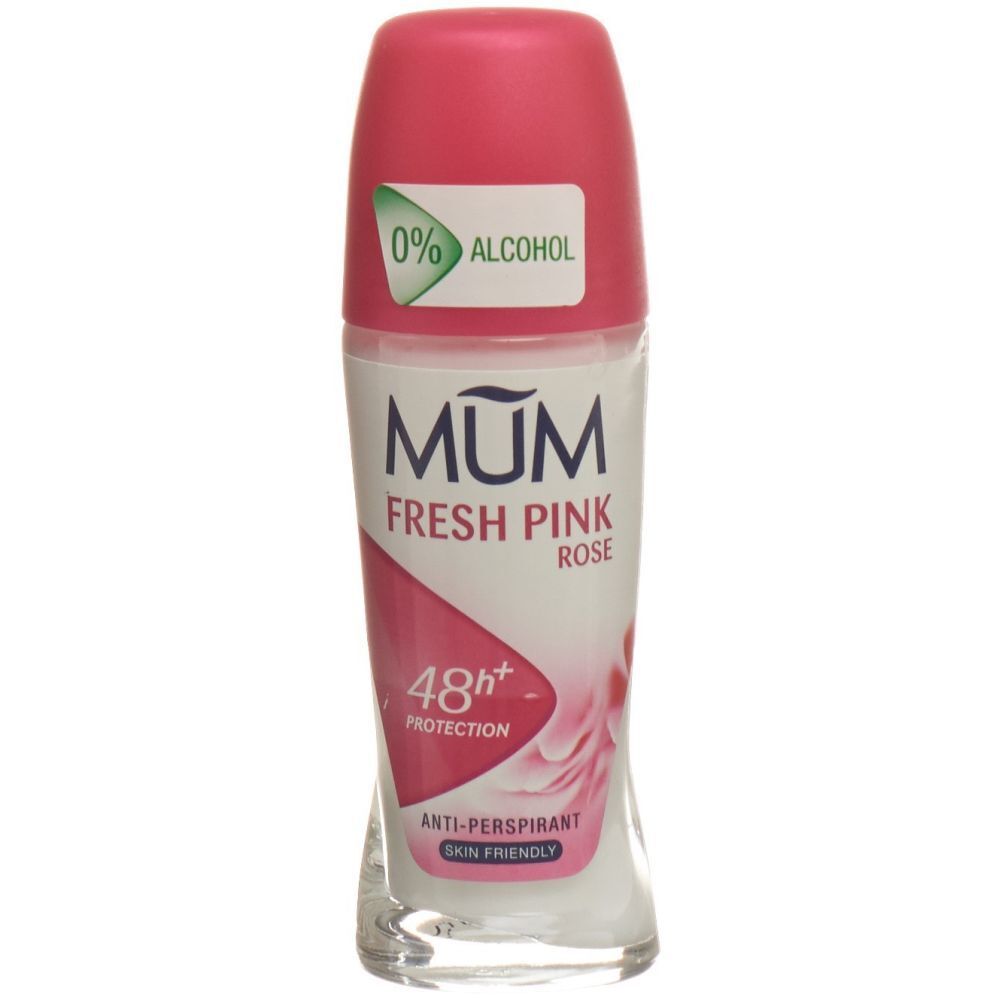 Déodorant roll-on rose. Inscription : MUM, Fresh Pink Rose, 48h+ Protection, 0% alcool.