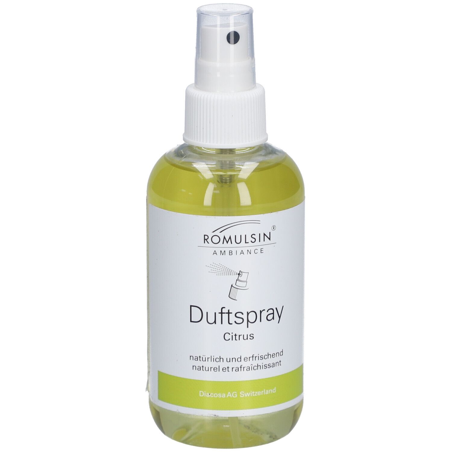 Flacon transparent avec vaporisateur blanc. Étiquette avec "Duftspray Citrus" et logo. Accents verts.