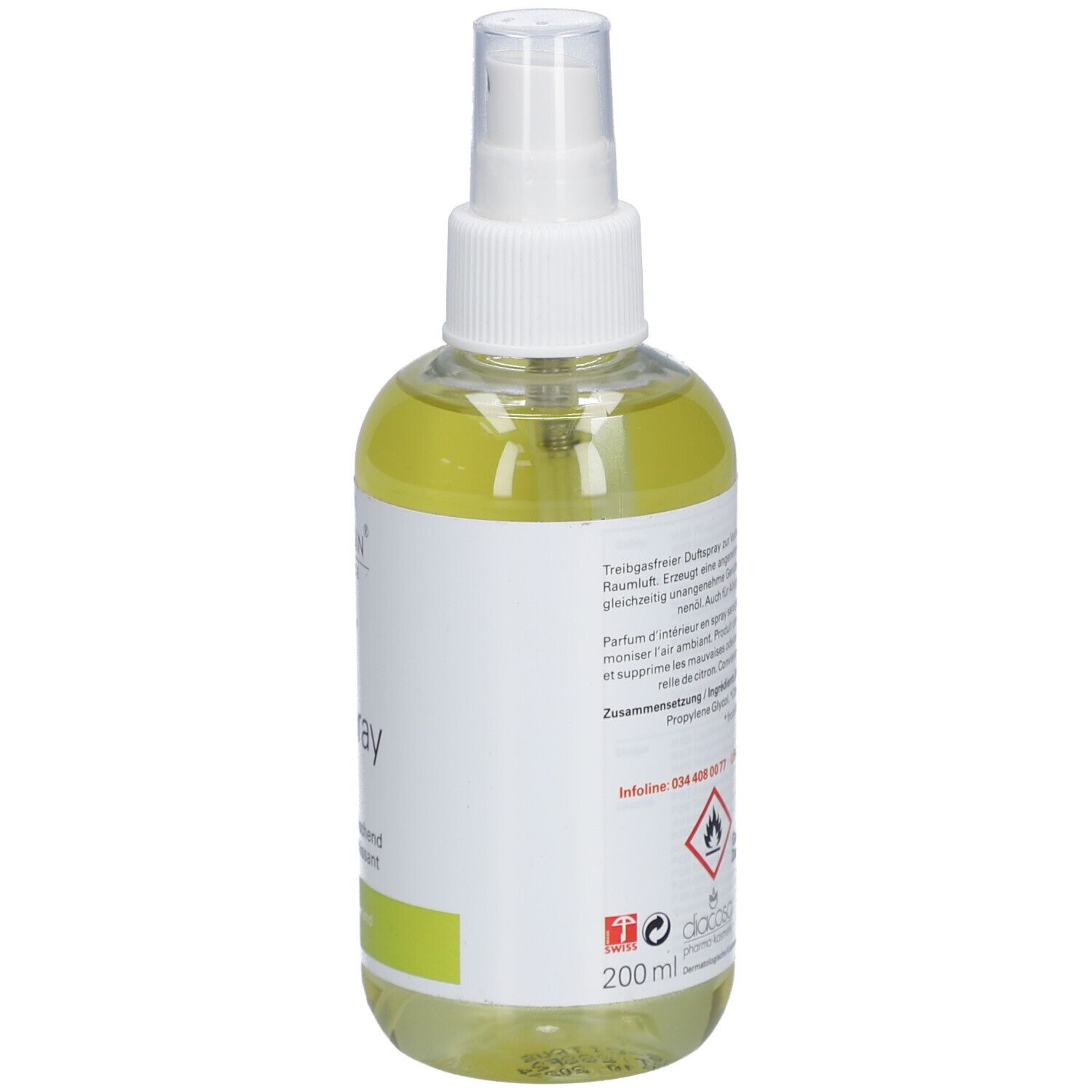 Vue arrière du flacon. Étiquette avec texte, symboles de danger et QR code. 200 ml.