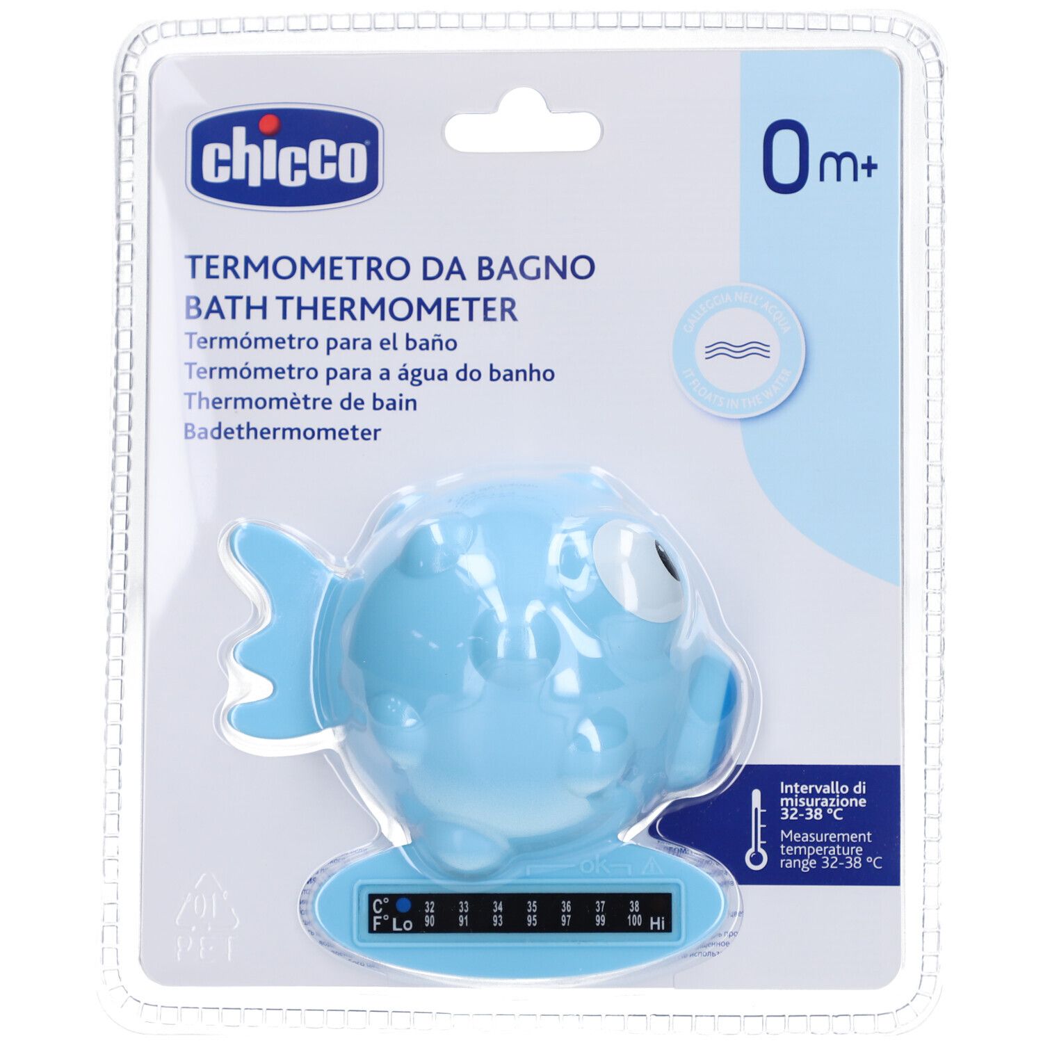 Thermomètre de bain bleu en forme de poisson. Affichage numérique de la température. Emballé dans un blister avec logo.