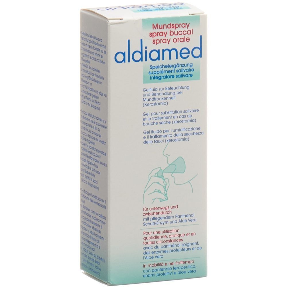 Boîte blanche aldiamed Mundspray. Inscriptions en allemand, français et italien. Illustration d'une personne pulvérisant.