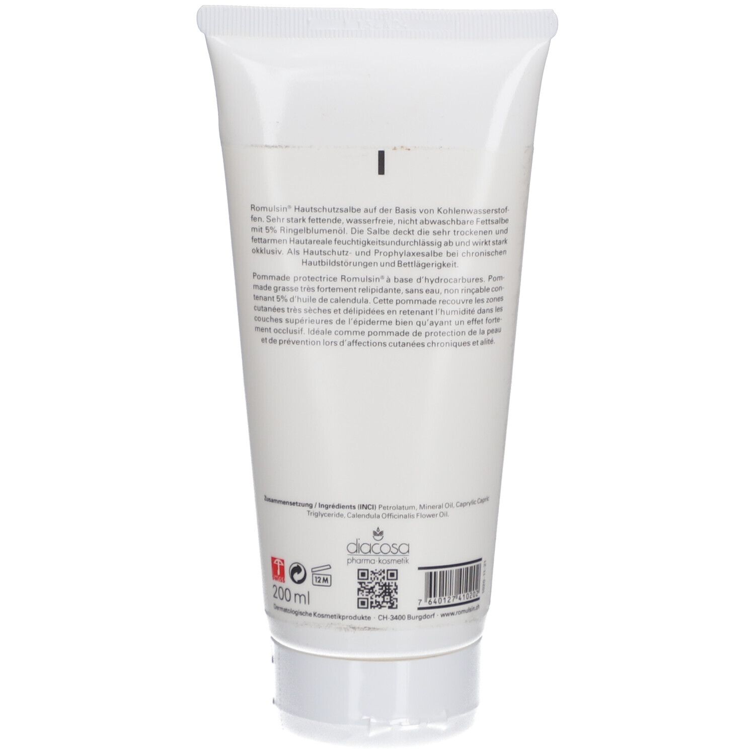 Dos du tube de crème avec texte et informations sur les ingrédients. Informations du fabricant et code QR.